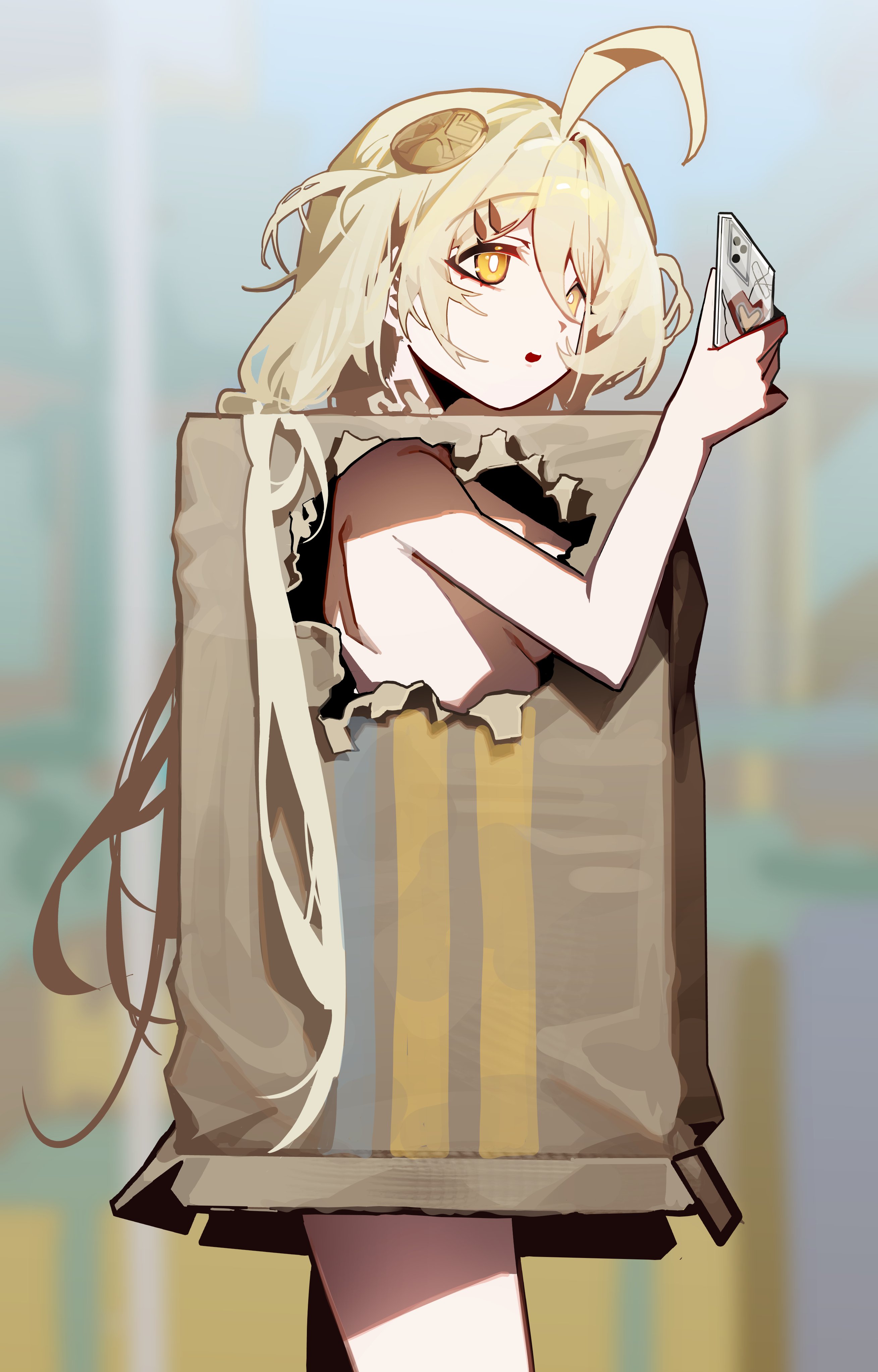 1girls, artist request, blonde, blonde female, blonde hair, cardboard box, female, female only, hoyoverse, light skin, light-skinned female, mihoyo, phoenix reffaella, sideboob, zenless zone zero
