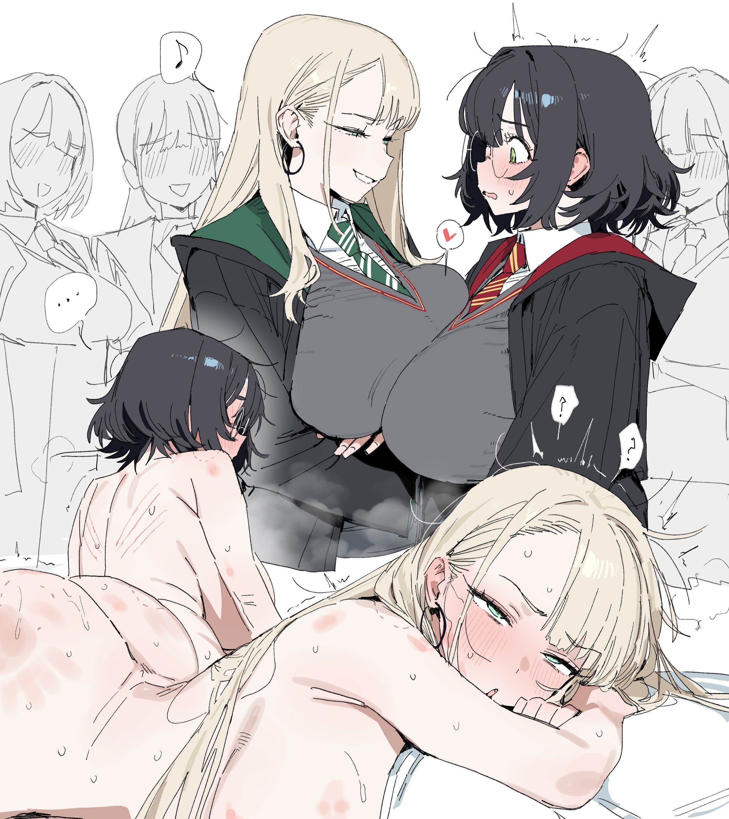 2girls, ass, breasts, draco malfoy, draco malfoy (redteneri), female, female focus, female only, harry james potter, harry potter, large ass, large breasts, light skin, light-skinned female, thick thighs, thighs, wide hips, xipa, yuri