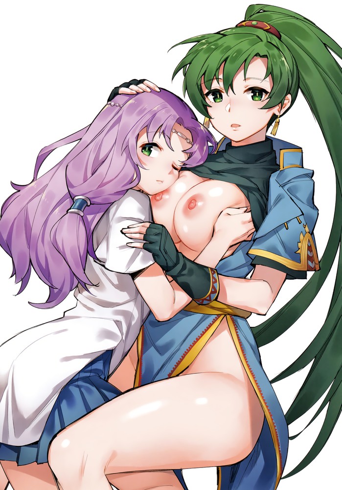 2girls, areolae, bare legs, breast pillow, breasts, breasts out, female, fire emblem, fire emblem: the blazing blade, florina (fire emblem), gebyy-terar, green hair, hand on head, head on breasts, hug, hugging, large breasts, lyn (fire emblem), nintendo, nipples, purple hair, yuri
