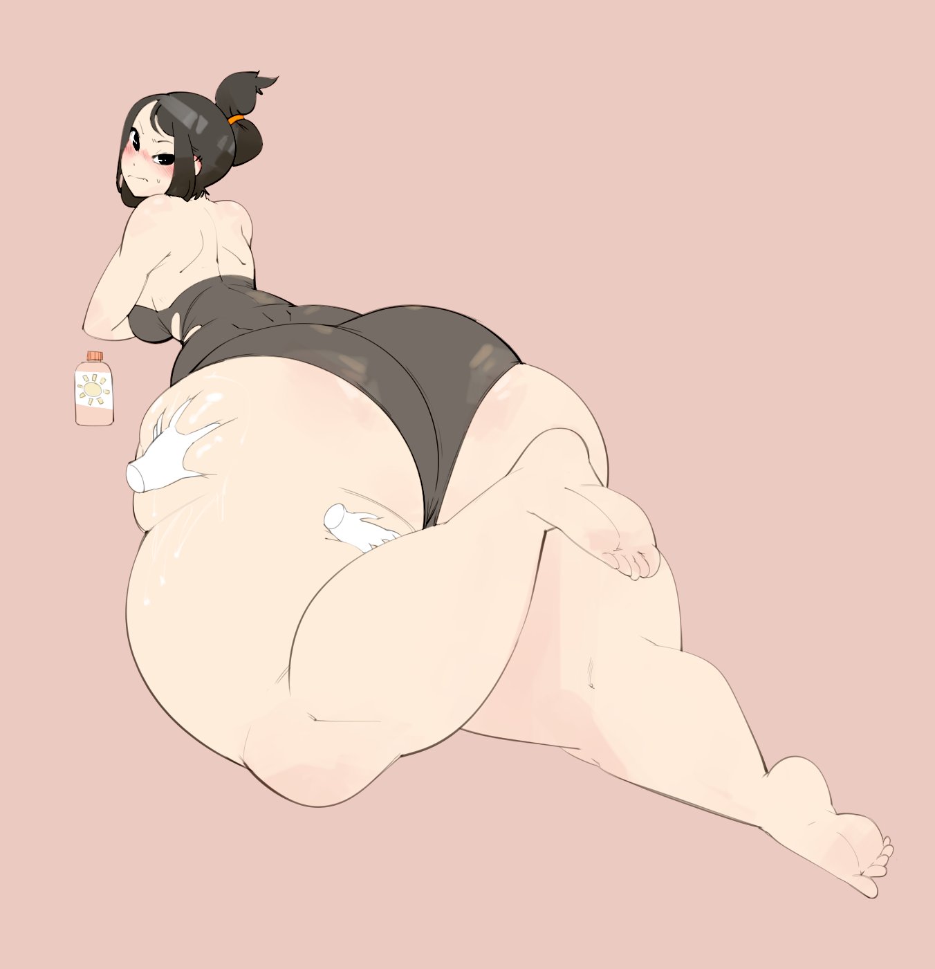 angry, annoyed, asian, ass, ass dough, ass grab, back, bare legs, bare shoulders, barefoot, big ass, black hair, blush, blushing, bottom heavy, bulumble-bee, butt grab, deep skin, dimples of venus, disembodied hands, fat ass, feet, female, female focus, floating hands, folded ponytail, grope, groping, heavy blush, huge ass, huge hips, huge thighs, hyper, hyper ass, hyper hips, hyper thighs, long ass, looking back, lying, massage, mizuki (bulumble-bee), on stomach, pink background, shoulder blades, simple background, soles, sunscreen, thick thighs, thigh grab, tied hair, tight clothing, toes, tsundere, voluptuous, wide hips