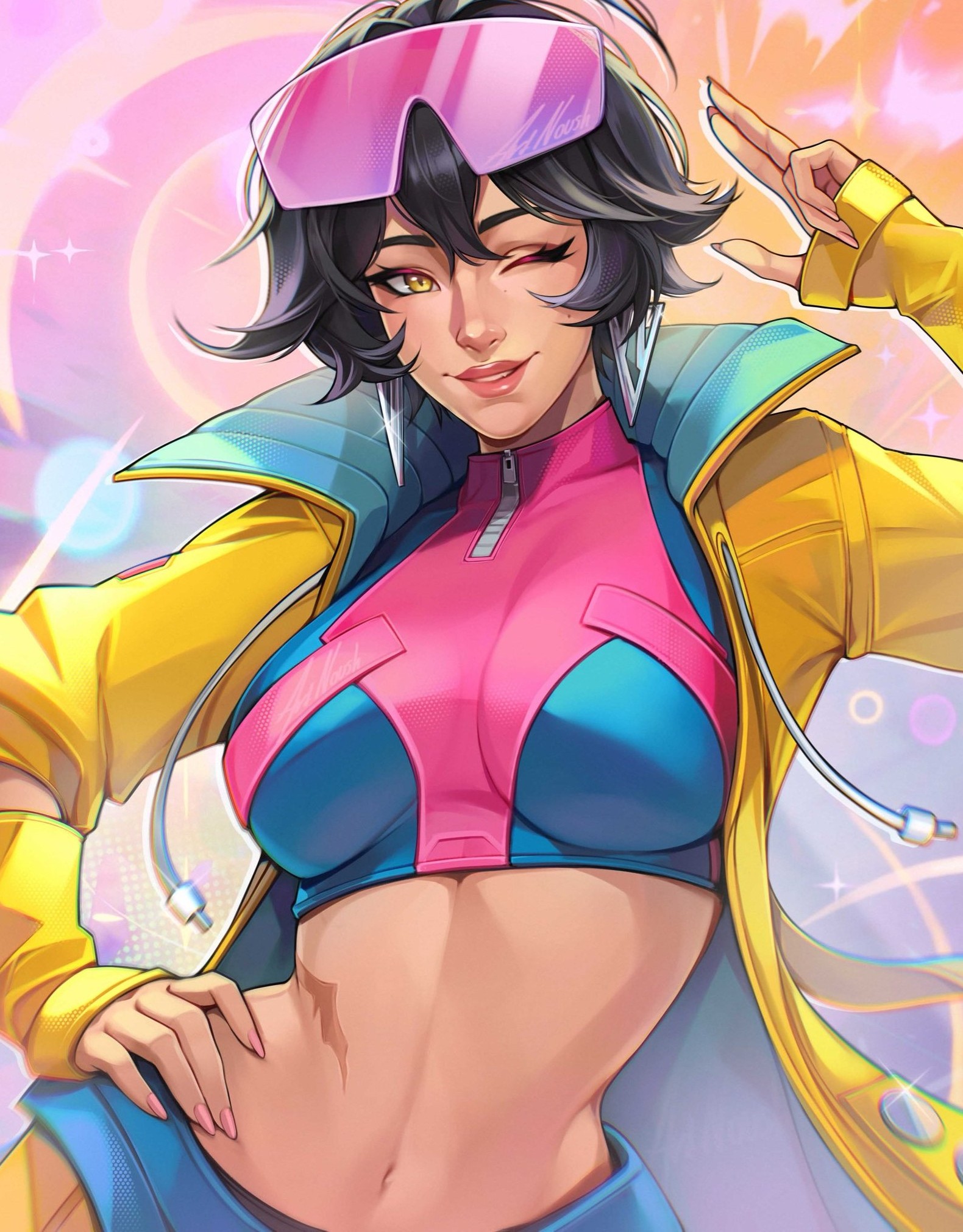 1girls, 2d, artnoush, female, female only, fully clothed, jubilation lee, jubilee, jubilee (marvel rivals), marvel, marvel rivals, midriff, navel, scar, solo, wink
