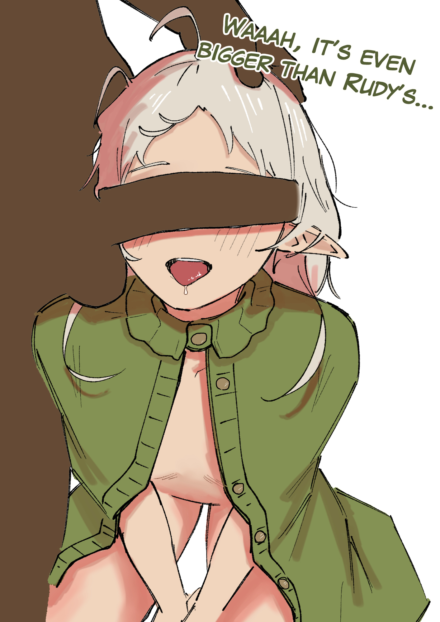 1boy, 1girl, badigadi, cheating, cuckold, dark-skinned male, elf, imminent oral, light-skinned female, mushoku tensei, netorare, penis, penis awe, sylphiette (mushoku tensei)