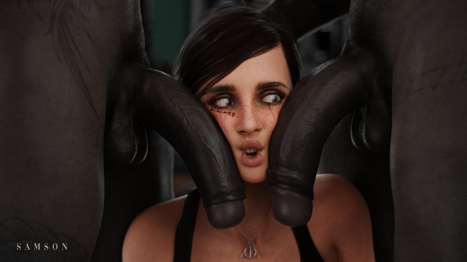 1girls, 2boys, 3d, 3d render, balls, big penis, blacked, bra, brown eyes, brown hair, character request, cock worship, dark penis, dark skin, dark-skinned male, eager, excited, excited female, excited for sex, faceless male, hand on head, happy, huge cock, huge penis, imminent oral, interracial, kneeling, kneeling female, kneeling oral position, large penis, light skin, light-skinned female, looking at penis, mascara, mascara tears, mouth open, necklace, offscreen male, partial male, penis, penis on face, penis worship, running makeup, running mascara, samsonsharem, submissive, submissive female, tattoo, thick penis