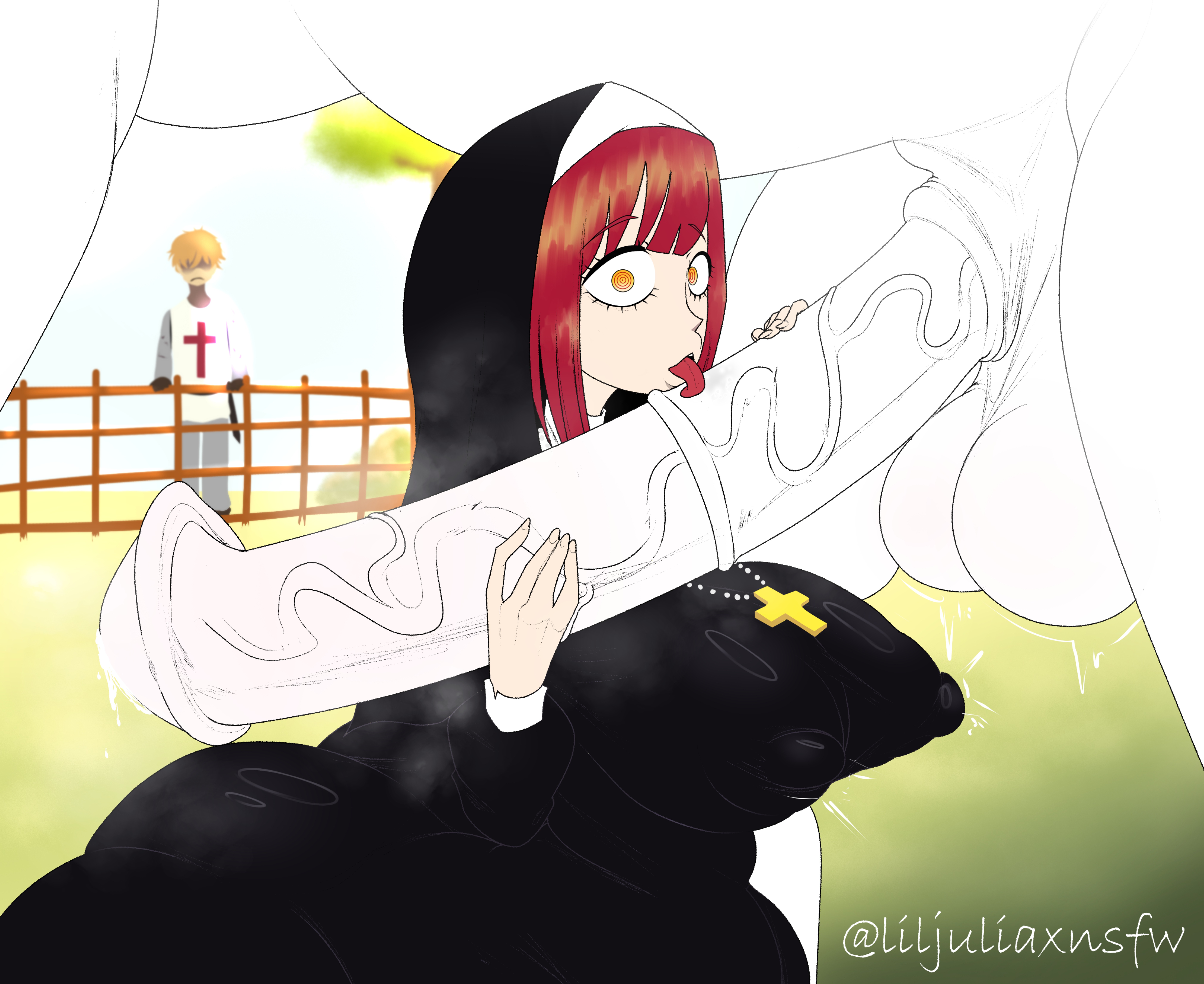 1girls, ass, black dress, breasts, chainsaw man, clothed, cross, crusader, cucked by beast, denji (chainsaw man), dress, holding penis, horse, horsecock, huge ass, huge penis, licking, licking penis, liljuliax, looking at viewer, makima (chainsaw man), makima fart inflation, mikulazo chan, nipple bulge, nipples, nipples visible through clothing, not henry, ntr, nun, nun outfit, penis, red hair, tagme, vein, veiny penis