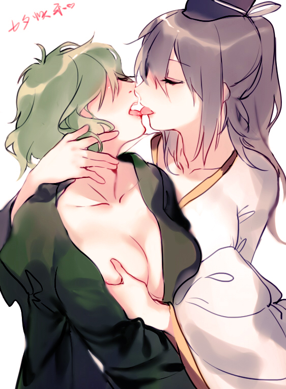 2girls, areola, areola slip, areolae, areolae slip, closed eyes, collarbone, dress, duo, french kiss, grabbing, grabbing another's breast, green clothing, green dress, green hair, grey hair, groping, groping breasts, hat, hat ribbon, juliet sleeves, kissing, lesbian, lesbian kiss, long hair, long sidelocks, long sleeves, missing headwear, mononobe no futo, no bra, open clothes, open dress, ponytail, ribbon, short hair, sidelocks, soga no tojiko, tate eboshi, tied hair, tongue, tongue kiss, tongue out, touhou, wide sleeves, yuri