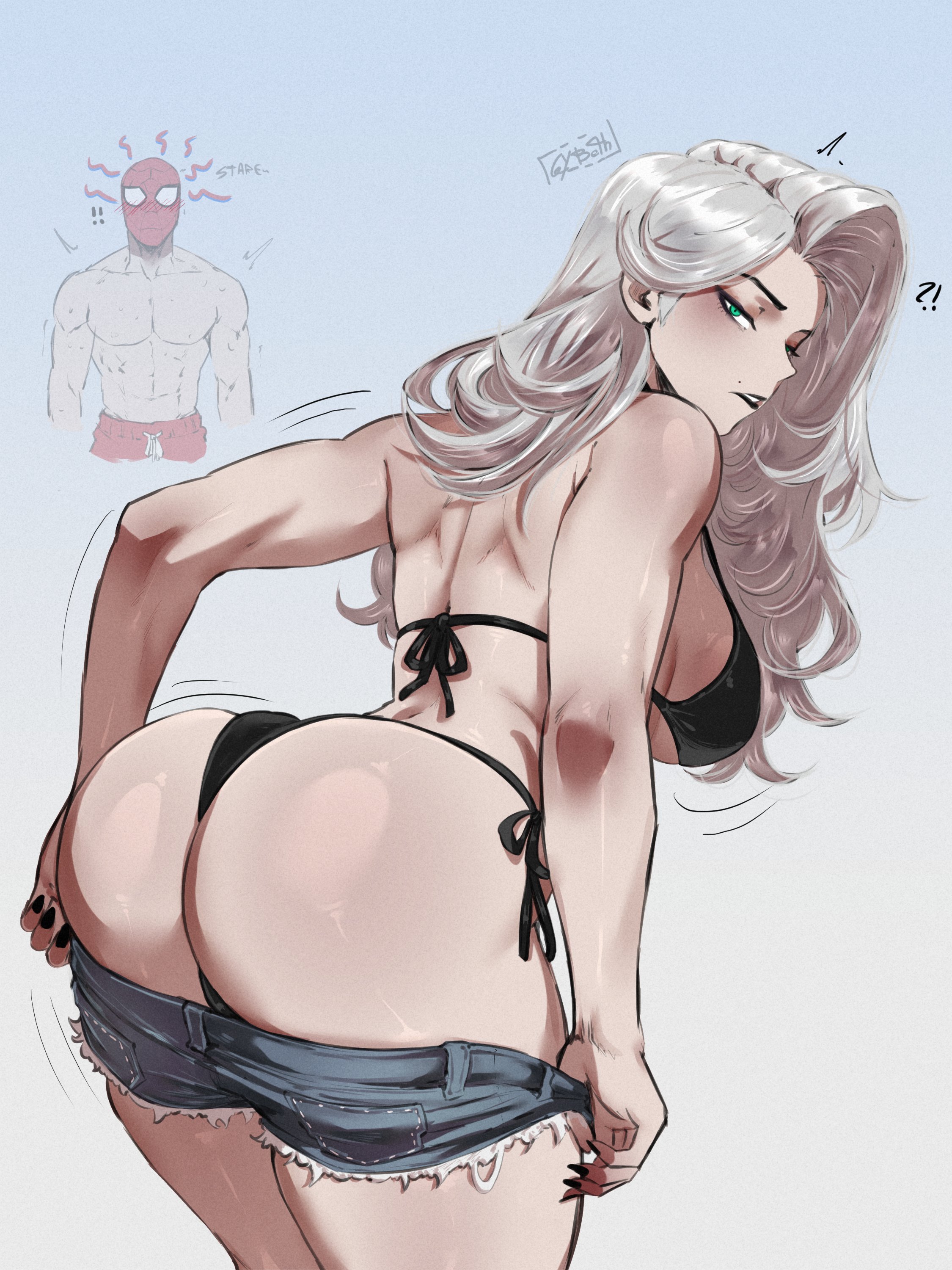 1girls, 2026, 2d, back view, bent over, big ass, black cat (marvel rivals), black cat (marvel), duo, felicia hardy, female, female focus, gybeth, looking back, marvel, marvel rivals, peter parker, presenting hindquarters, pulling down pants, spider-man, spider-man (series), thick thighs