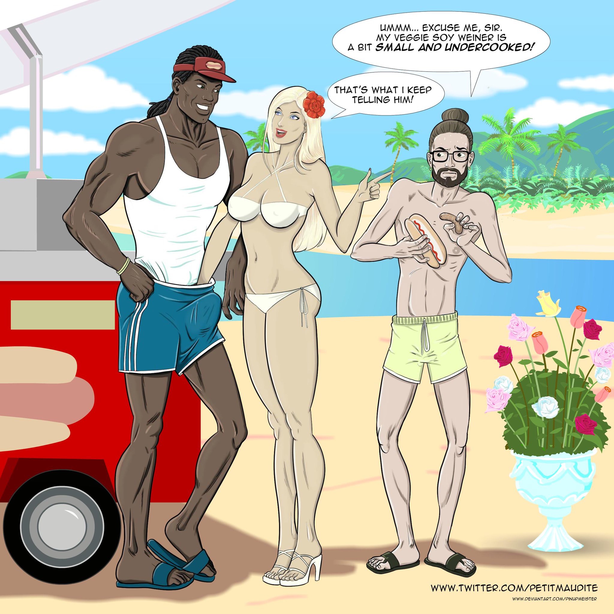 1girls, 2boys, big penis, blonde hair, bulge, cuckold, dark skin, dark-skinned male, english text, erection under clothes, female, femdom, handjob, handjob under clothes, humiliation, interracial, male, penis, petitmaudite, size comparison, small penis humiliation, text
