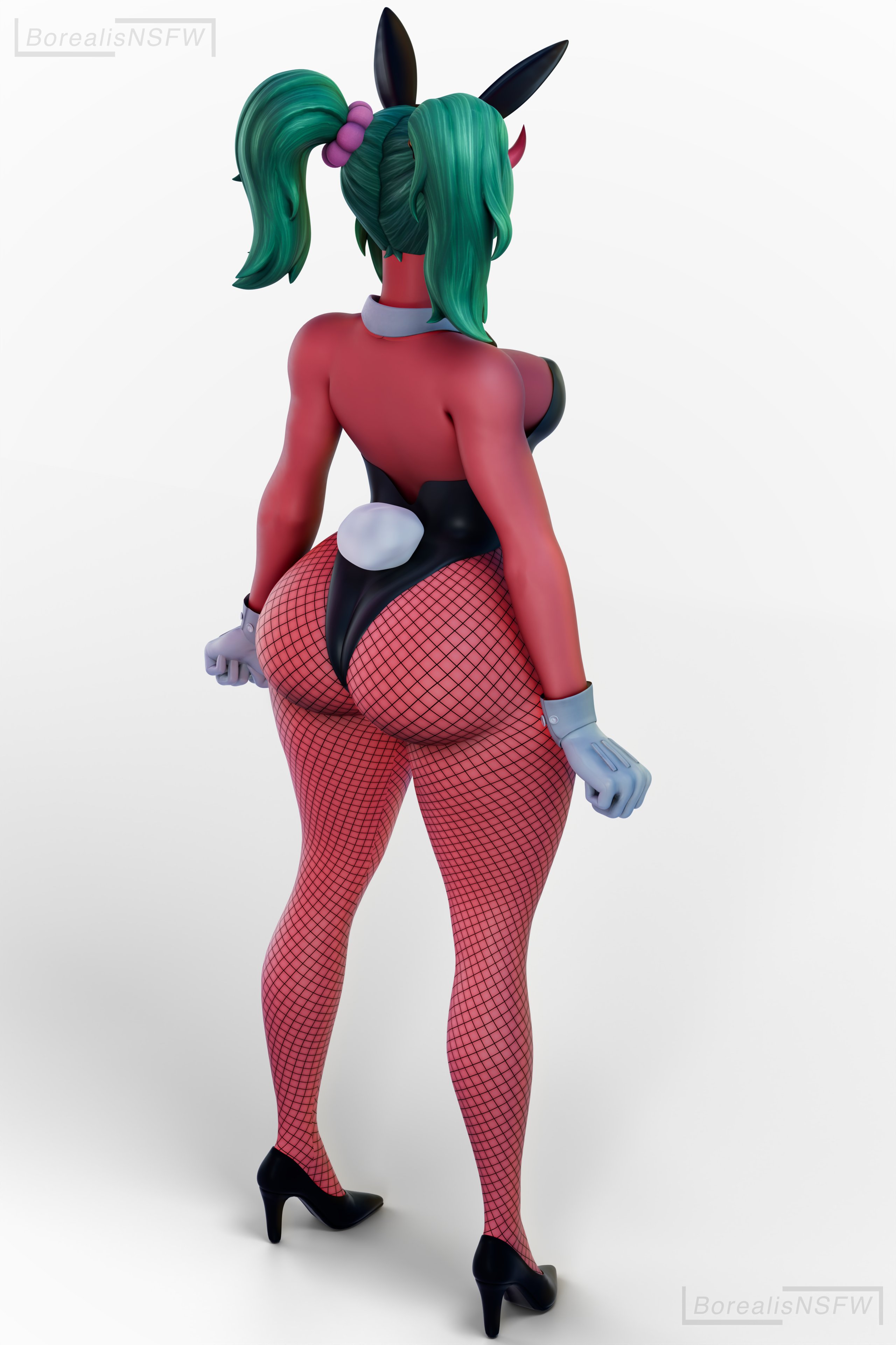 1female, 1girls, 2026, 3d, animal ears headband, ass, ass focus, bare shoulders, big ass, big butt, boobs, borealisnsfw, breasts, bunny ears headband, bunny tail, bunnysuit, butt, butt focus, demon, demon girl, demon horns, demon humanoid, epic games, female, female only, fishnets, fortnite, fortnite: battle royale, gloves, green hair, green hair female, hair ornament, handwear, headband, high heels, horns, legs apart, leotard, neckwear, nemia (fortnite), red body, red skin, simple background, solo, solo female, standing, tagme, tits, twintails, twintails (hairstyle)