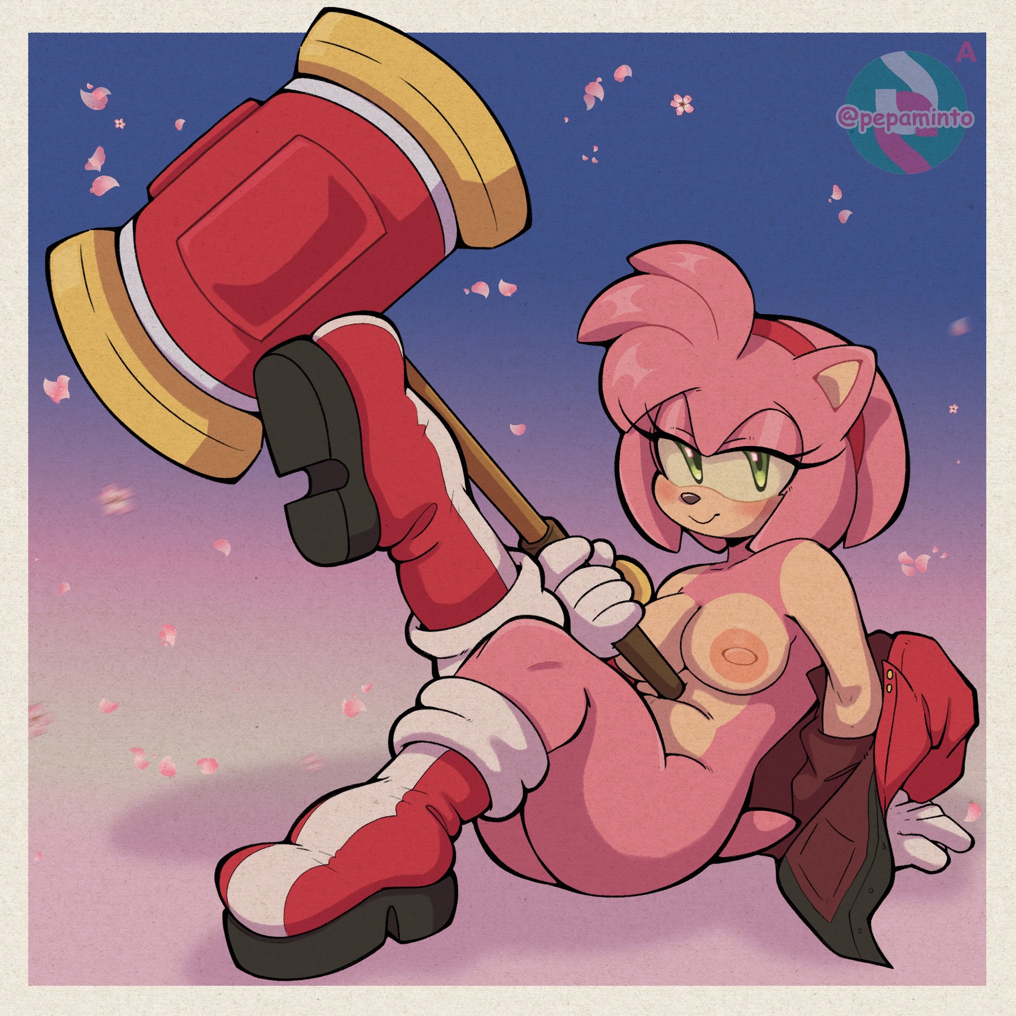 1girls, amy rose, areolae, belly, big breasts, boots, breasts, eulipotyphlan, female, female focus, fur, gloves, green eyes, hammer, hedgehog, jacket, large breasts, looking at viewer, mammal, mostly nude, nipples, nude, nude female, pepamintop, pink fur, pink hair, red jacket, sega, solo, solo female, solo focus, sonic (series), sonic the hedgehog (series), tail