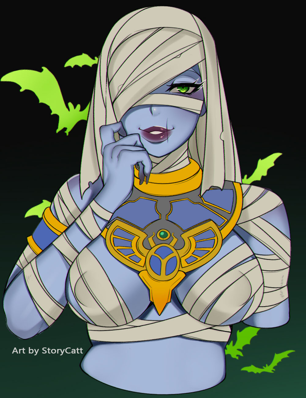 2d ana_amari blizzard_entertainment blue_skin breasts green_eyes halloween overwatch pharaoh pharaoh_ana seductive simple_background storycatt