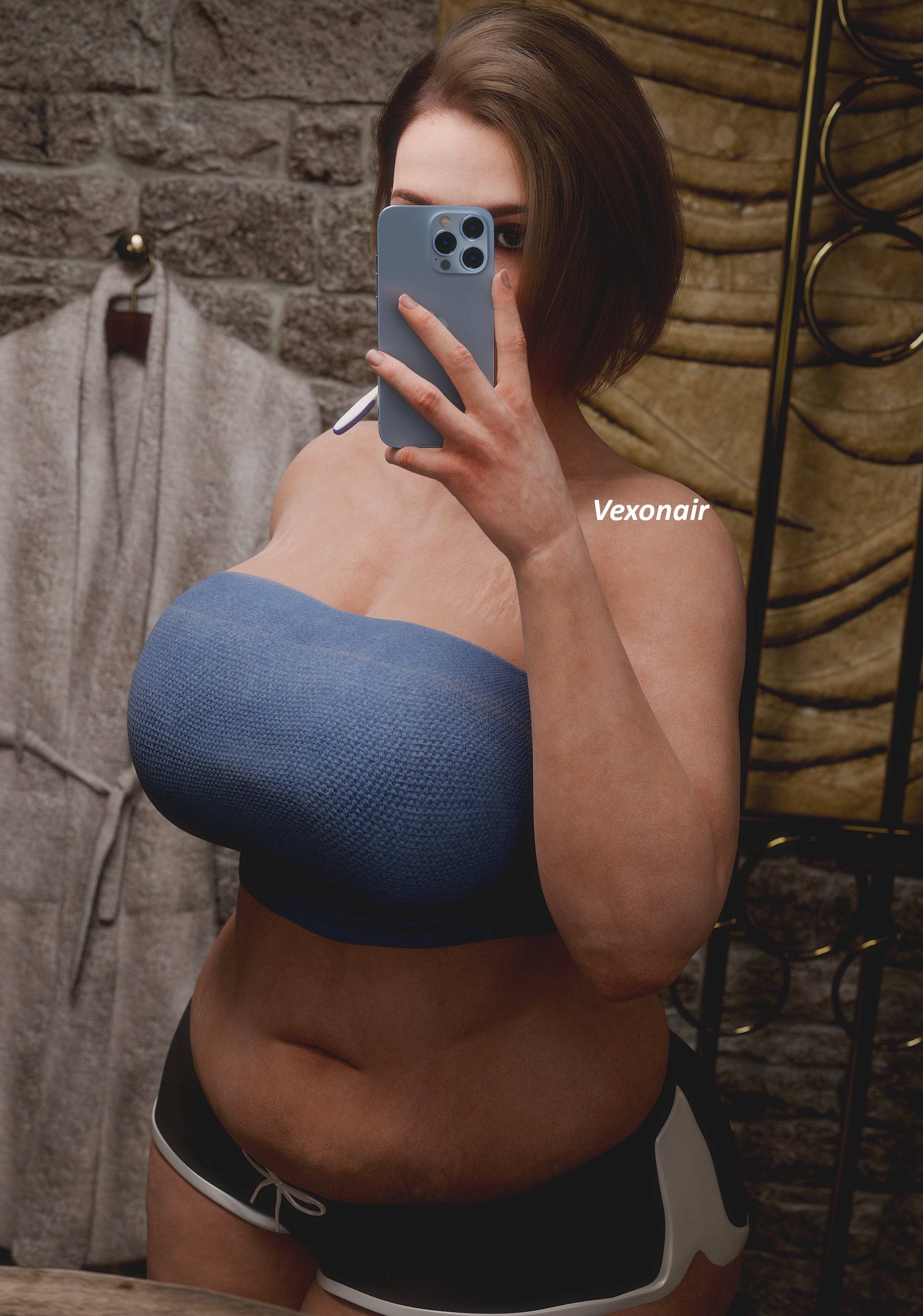 3d, belly, breasts, brown hair, cigarette, cleavage, curvy, female, female only, huge breasts, jill valentine, mirror, plump, resident evil, resident evil 3, resident evil 3 remake, selfie, short hair, stretch marks, thick, thick thighs, thighs, tubetop, tummy fold, vexonair, wide hips