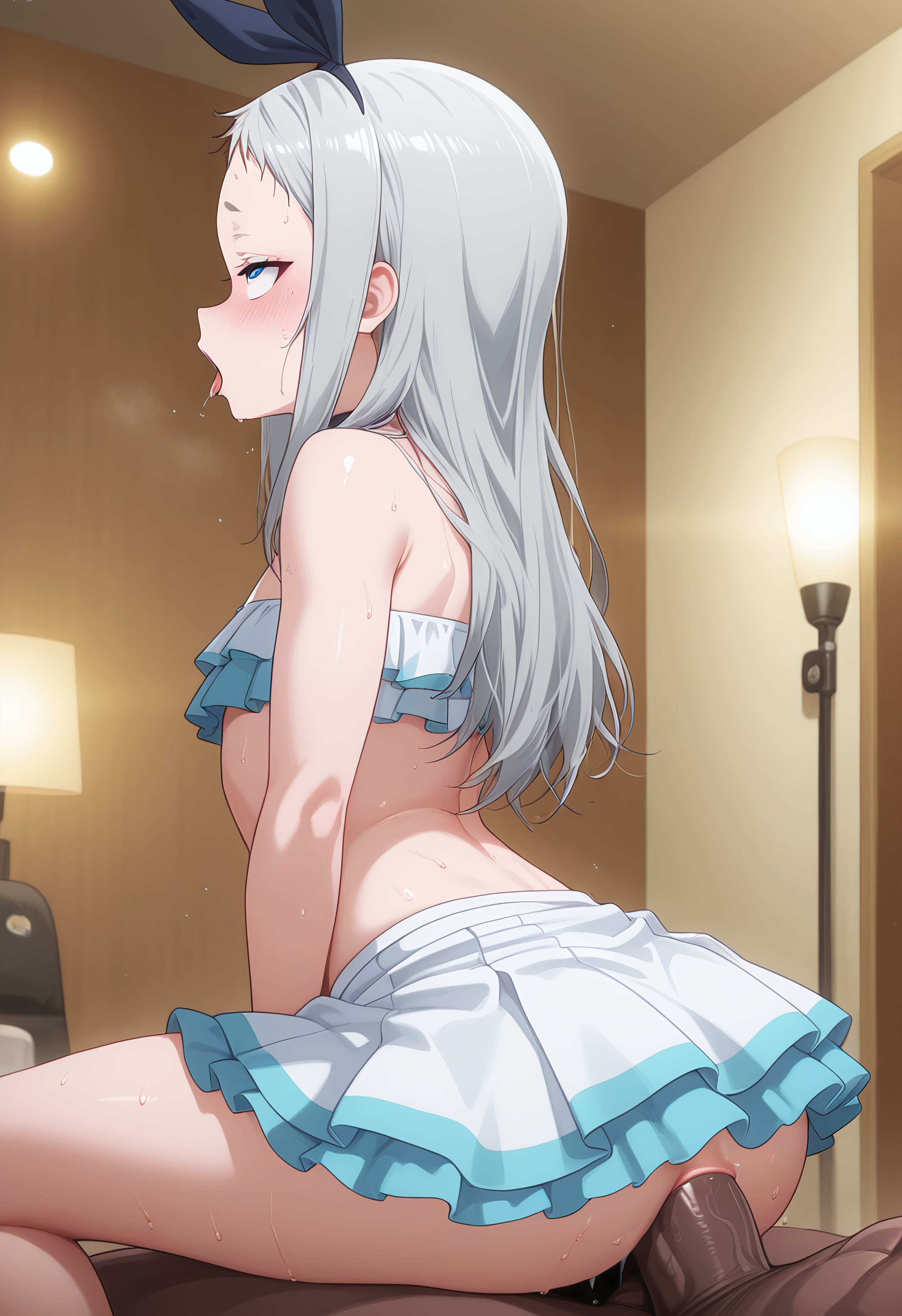 1boy, ahegao, ai generated, anal, anal sex, blend s, blue eyes, blush, bunny ears, dark skin, dark-skinned male, femboy, frilly dress, from behind, hi res, huge ass, indoor, interracial, kanzaki hideri, large penis, long hair, nsfw, reverse cowgirl position, riding, riding penis, shiny skin, silver hair, sweat, thick thighs, tongue, tongue out, wet, xland