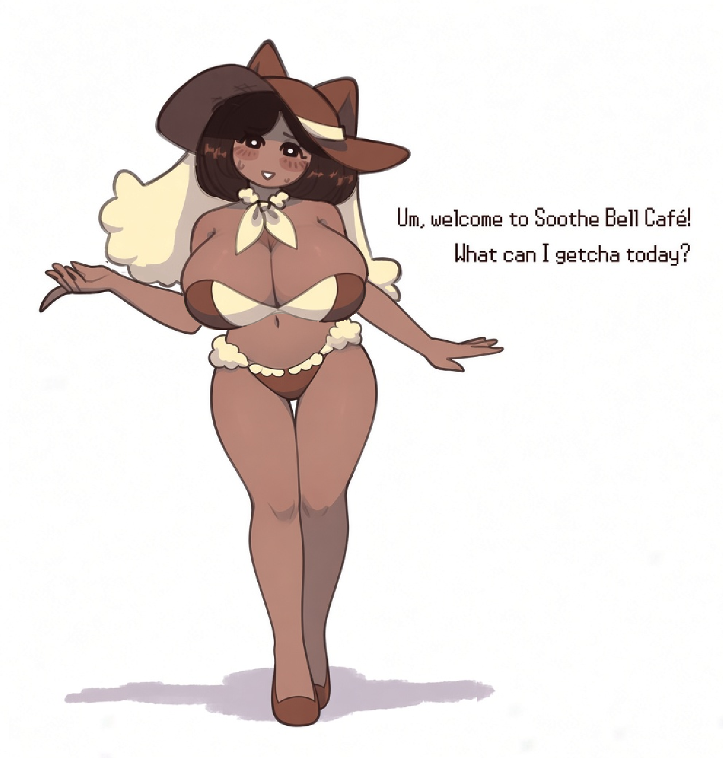 1girls, aeiouko (sunhatgirl), big breasts, bikini, blushing, boobs, breasts, bunny hat, bunny suit, edit, hat, lopunny, lopunny (cosplay), nervous, pokemon, real person, sun hat, sweat, talking to viewer, twitter user oc, twitter user sona, waitress