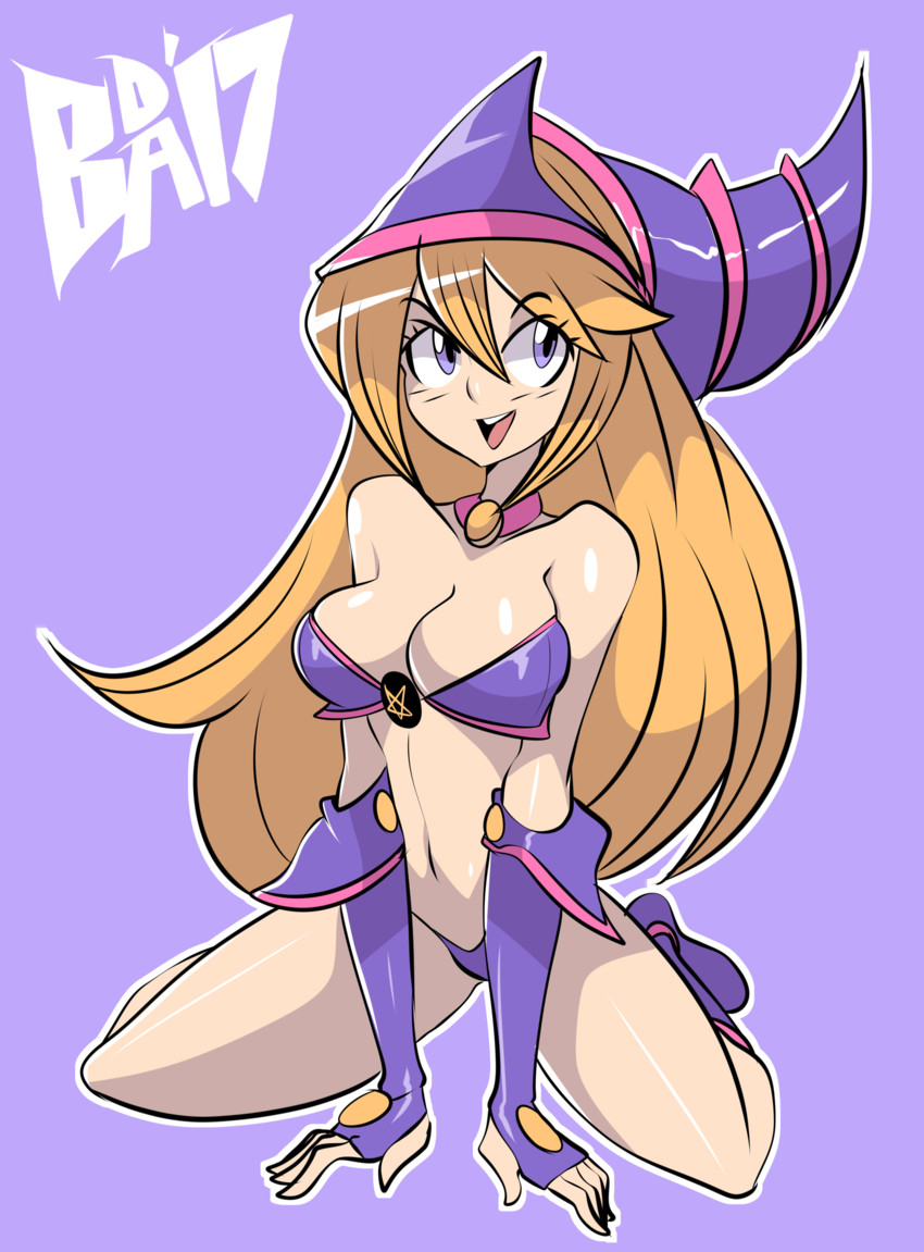 1girls, 2017, adapted costume, alternate costume, artist signature, background, bangs, belly, belly button, bigdeadalive, blonde hair, blue boots, blue bra, blue eyes, blue gloves, blue hat, blue panties, boots, bra, breasts, choker, cleavage, dark magician girl, eyebrows, eyebrows visible through hair, eyelashes, eyelashes visible through hair, eyes, eyes open, female, female focus, female only, fingerless gloves, gloves, hair, happy, hat, large breasts, legs, long gloves, long hair, looking to the side, navel, necklace, nose, on knees, panties, pentagram, pink choker, pink neckwear, purple background, shoulders, sitting, smile, solo, solo female, solo focus, string panties, teeth, thick thighs, thighs, underwear, very long hair, wizard hat, yu-gi-oh!
