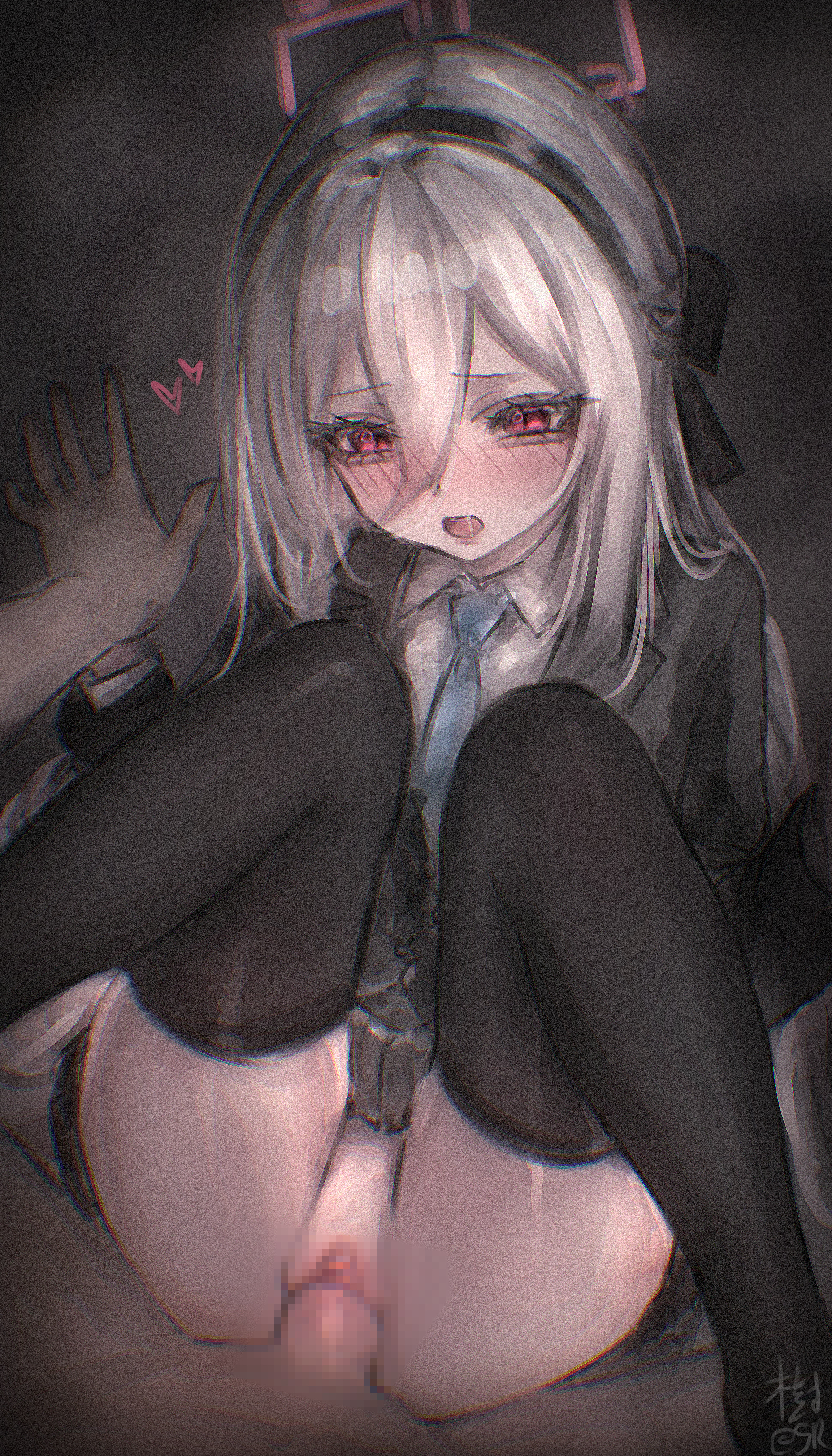 1boy, 1girls, autreeyah, blue archive, blush, clothed, clothed sex, female, halo, kei (blue archive), male, millennium science school student, penetration, penis, red eyes, sex, thigh highs, thighhighs, white background