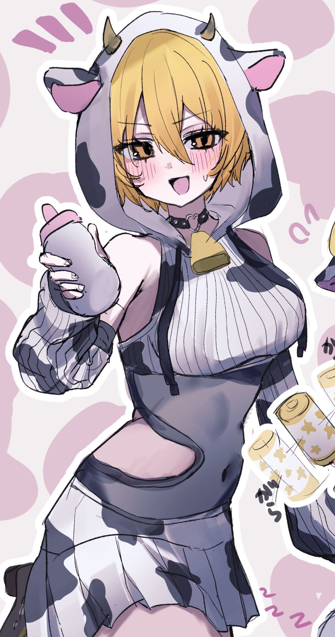 1girl, animal ears, bandaid on horn, bell, blonde hair, blush, bottle, breasts, commentary, cow ears, cow girl, cow hat, cow horns, cowbell, don quixote (limbus company), highres, horns, large breasts, limbus company, milk, milk bottle, neck bell, open mouth, pleated skirt, project moon, skirt, untranslatable commentary