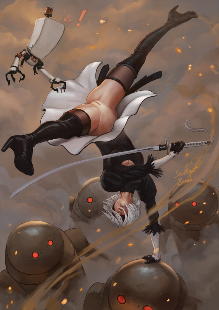 ! action_pose android arm_support athletic big_breasts bottomless bottomless_skirt breasts busty cleavage cleavage_cutout cleft_of_venus exposed_ass exposed_pussy female female_focus female_only floating gloves glowing_eyes high_heels high_heels_boots katana machine_lifeform nier:_automata no_panties notice_lines pinup pod_(nier) pussy red_eyes red_glow robot sentientbrush short_hair skirt solo spread_legs sword tagme thigh_boots thighhighs thighhighs_under_boots uncensored upside-down upskirt vagina white_hair yorha_2b