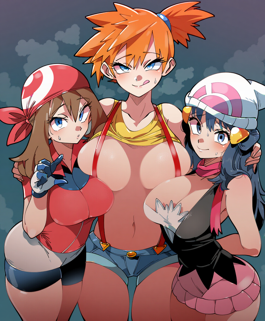 3girls ai_generated big_breasts blue_eyes breast_press breasts brown_hair clothes clothes_lift dawn_(pokemon) kasumi_(pokemon) large_breasts licking licking_lips looking_at_viewer may_(pokemon) mullon navel nintendo novelai pokemon pokemon_dppt pokemon_frlg pokemon_oras pokemon_rgby pokemon_rse shirt shirt_lift suspenders sweat tongue tongue_out trio