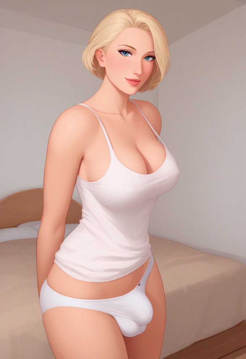 1futa 2d ai_generated aka6_(style) balls_in_panties bed bedroom blonde_hair blondshell blue_eyes bulge bulge_through_clothing civitai cleavage futa_only futanari layered_hair light-skinned_futanari light_skin looking_at_viewer original_character panties penis penis_in_panties seductive_look seductive_smile short_hair solo tagme tank_top white_panties white_tank_top