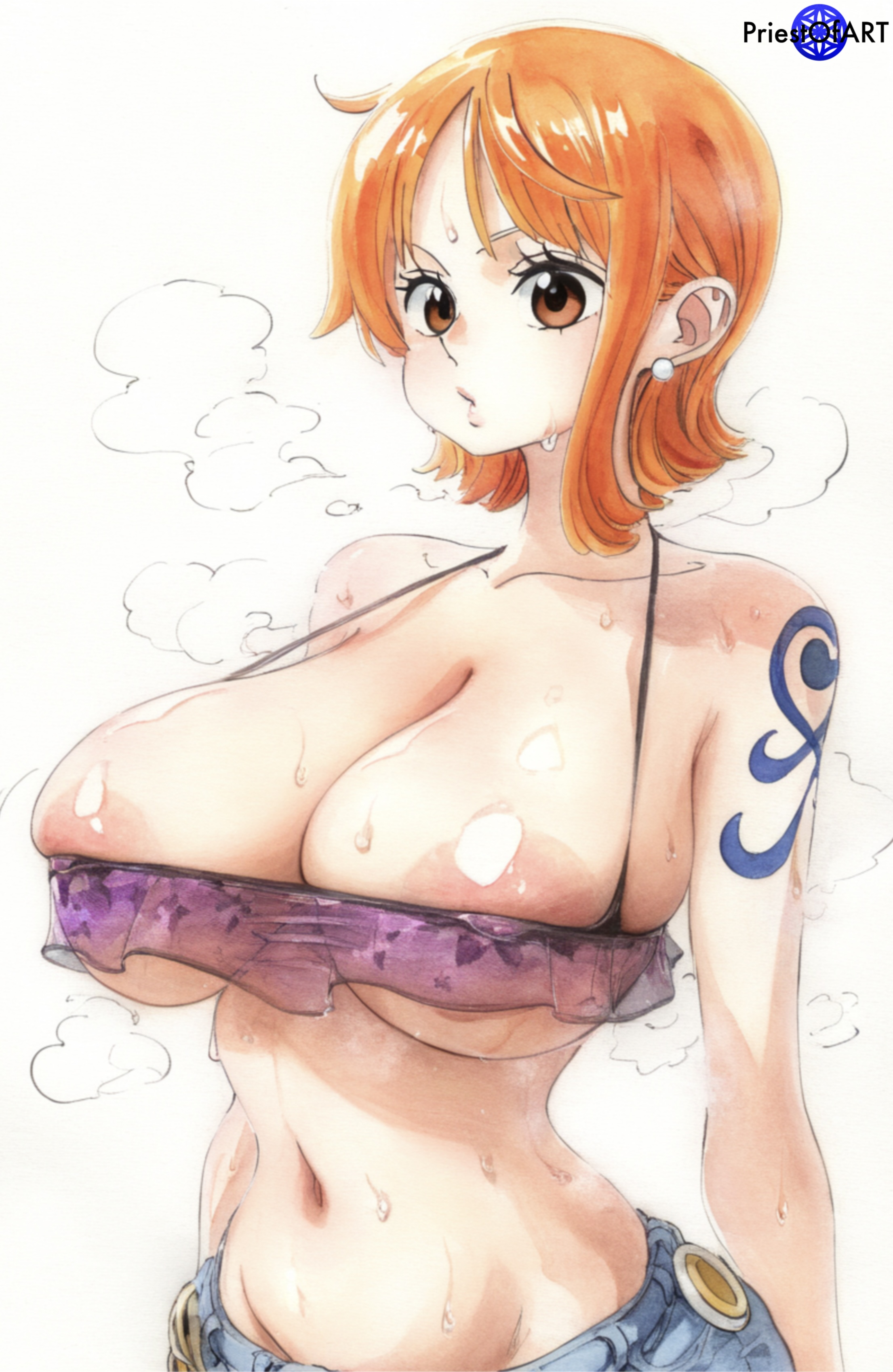1girls, ai generated, areola slip, arm tattoo, big breasts, blue tattoo, breasts, brown eyes, busty, clothing, color, earrings, female, female only, jean shorts, large breasts, nami (one piece), one piece, orange hair, orange-haired female, pre-timeskip, priestofart, short hair, simple background, steam, steaming body, tagme, tagme (artist), tagme (character), tattoo, tattoo on arm, tattooed arm, upper body, watercolor (artwork), watermark, white background