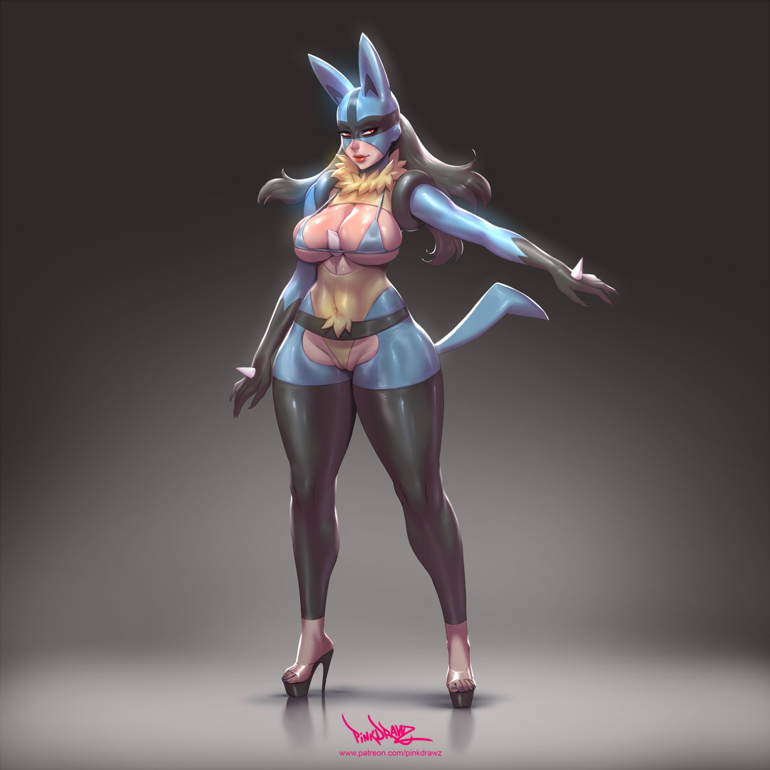 1girls, 5 fingers, 5 toes, abs, anthro, anthrofied, ass, belly, big ass, big breasts, big ears, bikini, blue fur, blue nails, bodysuit, breasts, cameltoe, canine, clear strap heels, cleavage, clothes, eye contact, feet, female, female only, fur, furry, grey background, half-closed eyes, high heels, huge ass, humanized, large ass, large breasts, lipstick, looking at viewer, lucario, muscular, muscular female, nail polish, navel, nintendo, open toe shoes, original character, patreon, pinkdrawz, pokemon, pokemon (species), pokemon dppt, pose, pussy, red eyes, red lipstick, see-through, shoes, smile, solo, spikes, spread arms, standing, stiletto heels, tail, text, thick thighs, thigh gap, thighhighs, toes, underboob, url, very high heels, watermark, wide hips, yellow fur