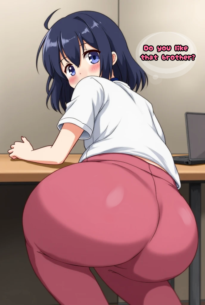 1girls ai_generated back_view backboob big_ass big_butt blue_eyes blush huge_ass leggings looking_at_viewer offering original_character round_ass short_hair shy small_breasts smaller_male teenager text tight_clothing tight_fit