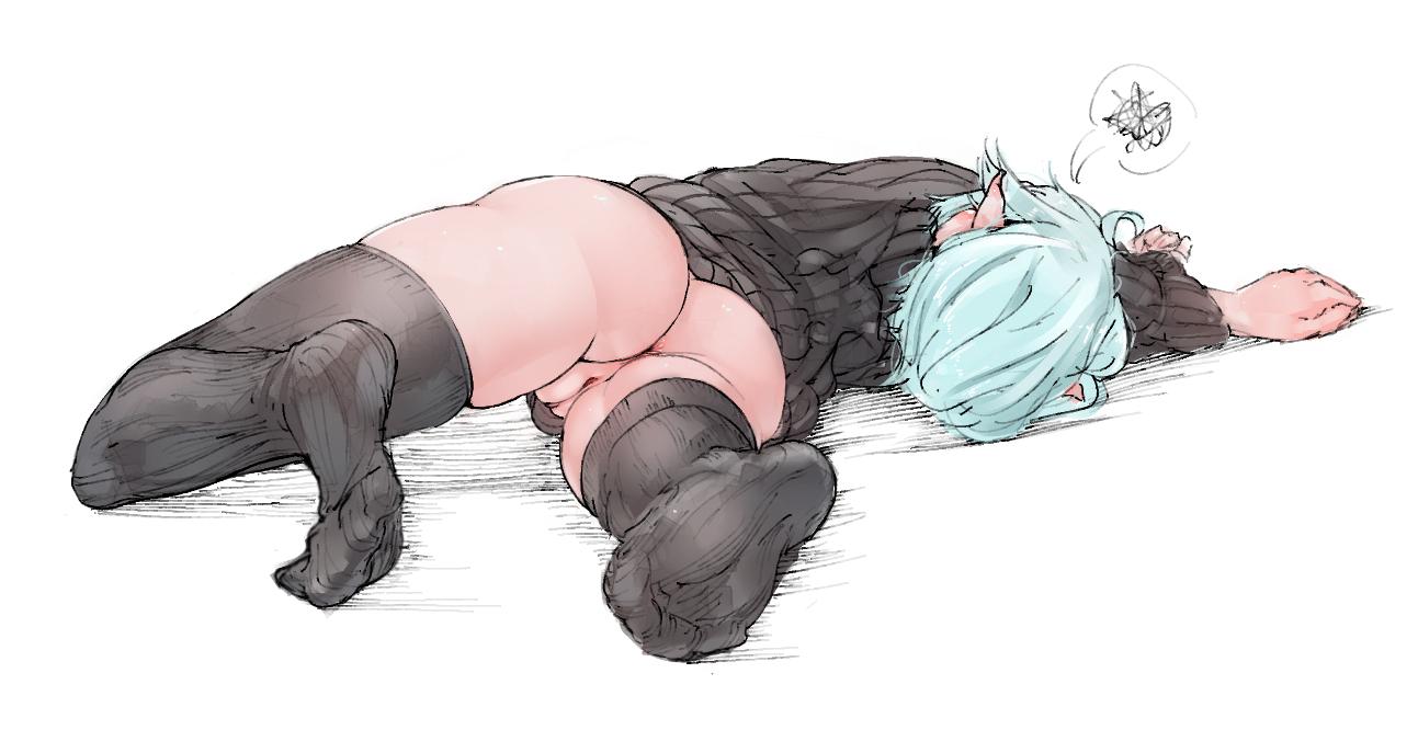 anus, ass, bottomless, female, from behind, itsukarine, lying, original, pointy ears, pussy, sketch, solo, sweater, teal hair, thighhighs, white background