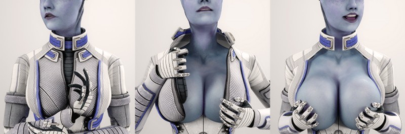 1girls, 3d, 3d (artwork), alien, alien girl, asari, big breasts, biting lip, blue skin, breasts, busty, cubikore, female, female only, flashing, holding breasts, huge breasts, large breasts, liara t'soni, mass effect, presenting breasts, solo, stripping, teasing, uncensored
