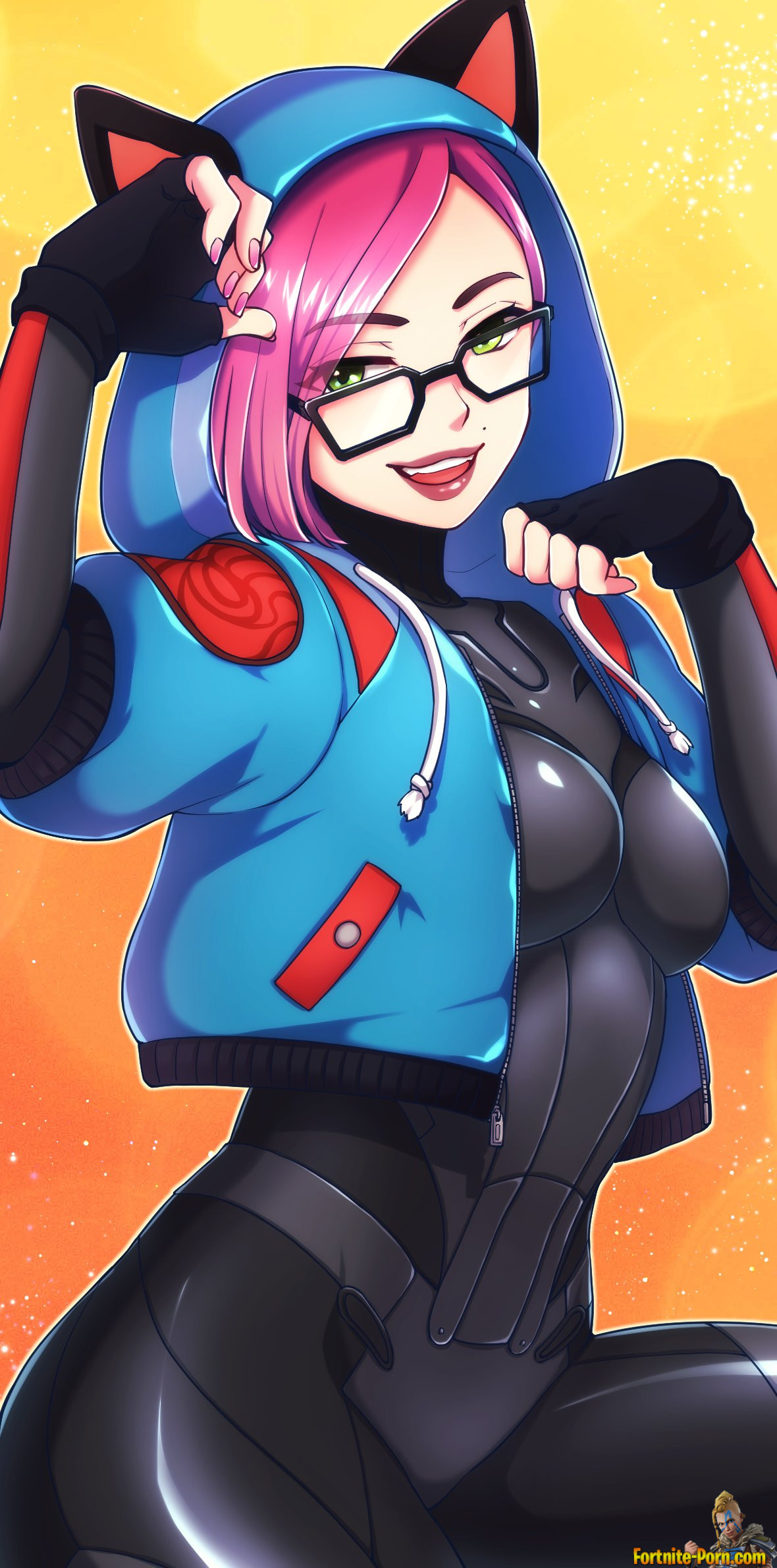 1girls, bodysuit, bodysuit under clothes, breasts, eye contact, female, fortnite, glasses, green eyes, half-closed eyes, looking at viewer, lynx (fortnite), pink hair, pose, tagme, text, url, watermark, wide hips