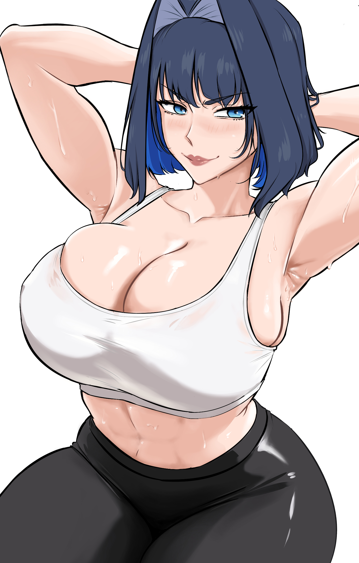 1girls, armpits, arms up, big breasts, blue eyes, blue hair, breasts, female, gym clothes, hololive, hololive english, hololive english -council-, hololive english -promise-, light skin, light-skinned female, lipstick, looking at viewer, muscular, ouro kronii, sho yo, smiling at viewer, sweat, sweating, sweaty armpits, sweaty breasts, virtual youtuber, voluptuous, yoga pants