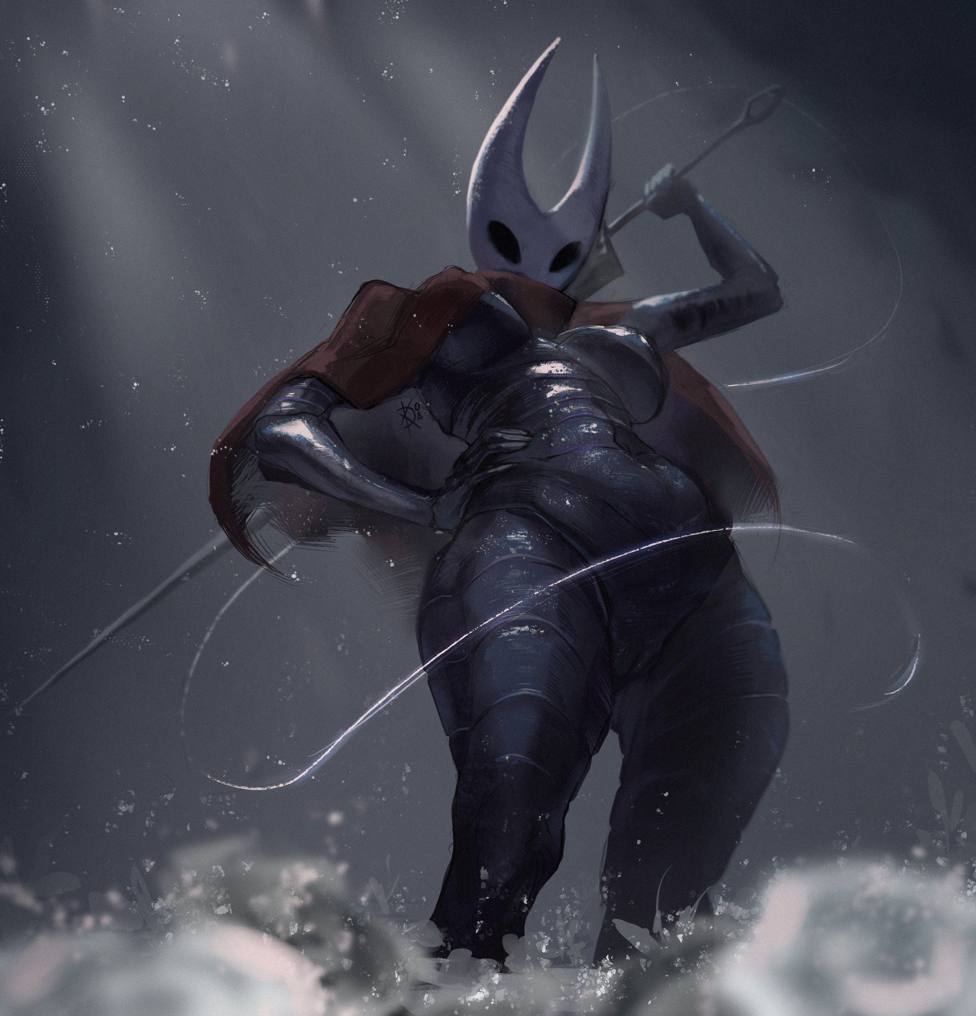 1girls, 2 horns, artist name, big ass, big breasts, big butt, black body, black skin, breasts, bubble ass, bubble butt, bug, bug girl, female, hollow knight, hornet (hollow knight), large ass, large breasts, large butt, low-angle view, paranoid koda (artist), silksong