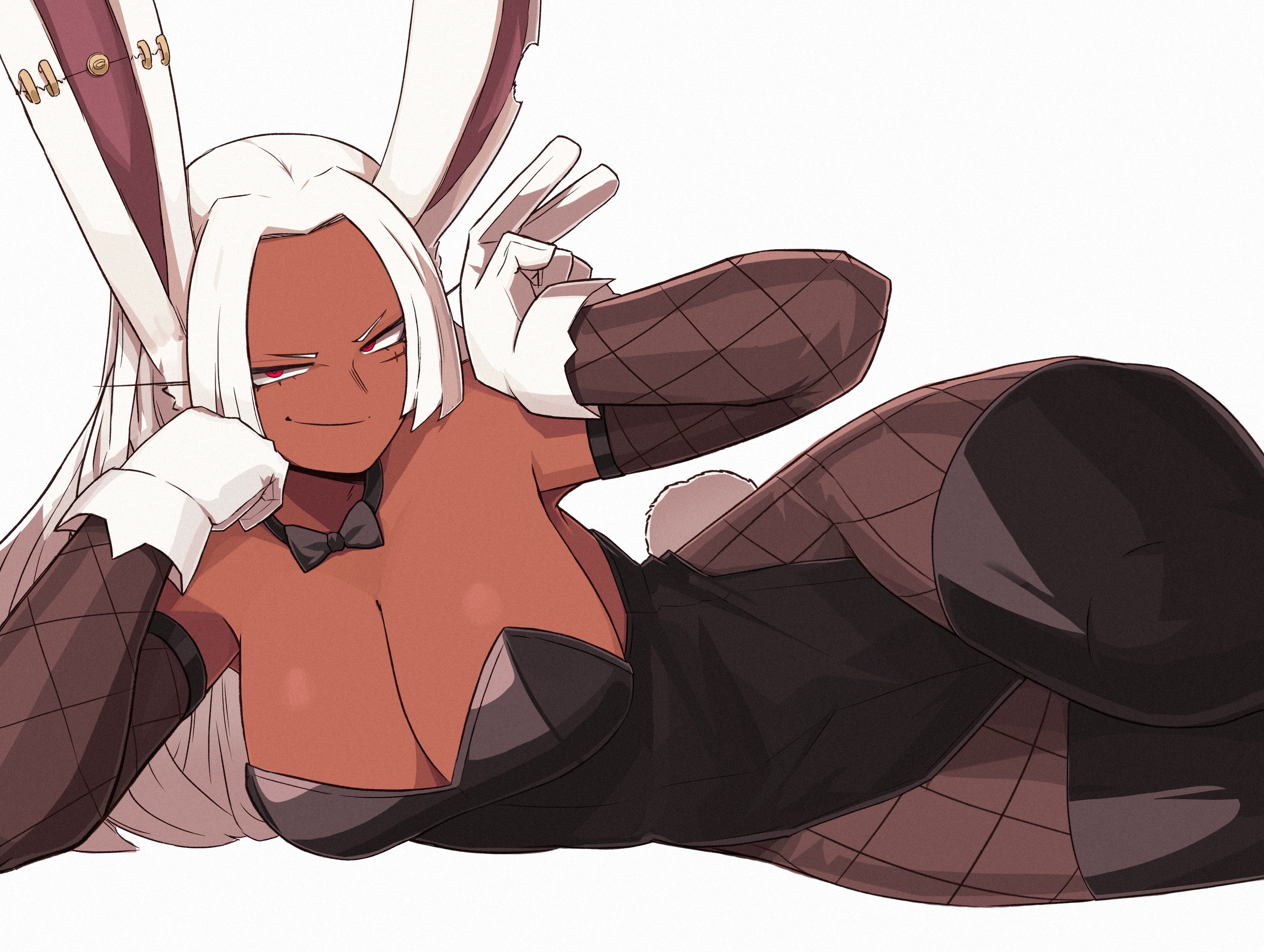 1girls, 2025, artist request, big breasts, black clothing, black leotard, breasts, bunny ears, bunny girl, bunnysuit, dark skin, dark-skinned female, elbow gloves, female, fishnet armwear, fishnet legwear, fishnets, gloves, huge breasts, instagram link, kemonomimi, large breasts, mature female, miruko, my hero academia, my hero academia (finale), naughty face, necktie, no ai, omniiro, pinup, playboy, playboy bunny, playboy bunny leotard, pose, post-timeskip, rumi usagiyama, seductive, seductive look, slim waist, strapless, strapless leotard, thick thighs, twitter link, v sign, white background, white gloves, wide hips