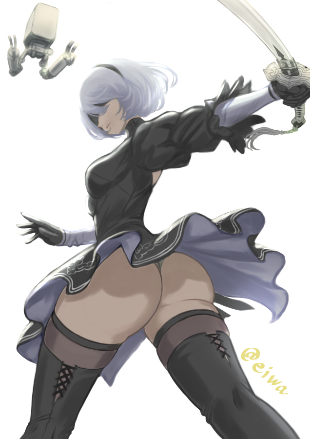 1girls android ass bed bending_over bent_over big_ass big_butt big_thighs blindfold boots clothed eiwa female huge_ass huge_butt huge_thighs katana look_behind looking_at_viewer looking_back nier:_automata nier_(series) smirk sole_female solo standing sword underwear white_hair window yorha_2b