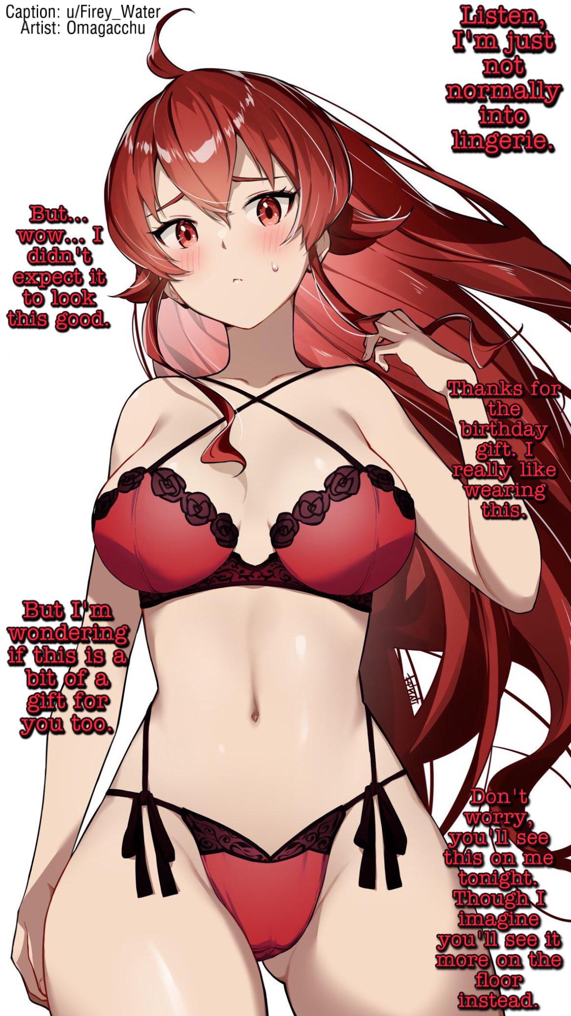 1girls ahoge alternate_costume blush bra breasts caption cross-laced_clothes english_text eris_greyrat female_focus fireywater_(captioner) floating_hair flustered girlfriend gluteal_fold hair_between_eyes happy highres implied_sex keisuke_tochi large_breasts lingerie long_hair looking_at_viewer mushoku_tensei navel panties red_bra red_eyes red_hair red_panties revision side-tie_panties signature simple_background solo standing sweat thighs underwear underwear_only wholesome