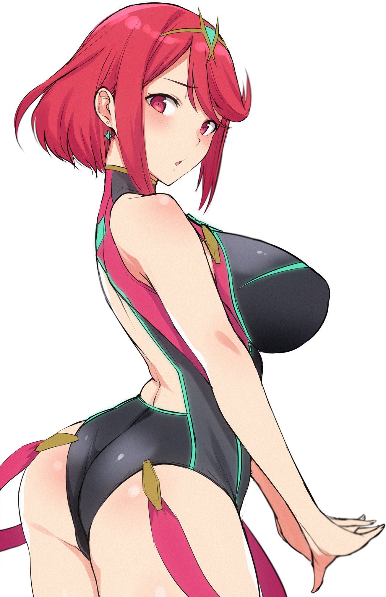 1girls, ass, big ass, big breasts, blush, breasts, clothing, female, female only, hair, hips, huge breasts, legs, looking at viewer, looking back, nintendo, one-piece swimsuit, open mouth, pyra, red eyes, red hair, simple background, solo, swimsuit, thighs, tight clothing, xenoblade (series), xenoblade chronicles 2, yuuki shin