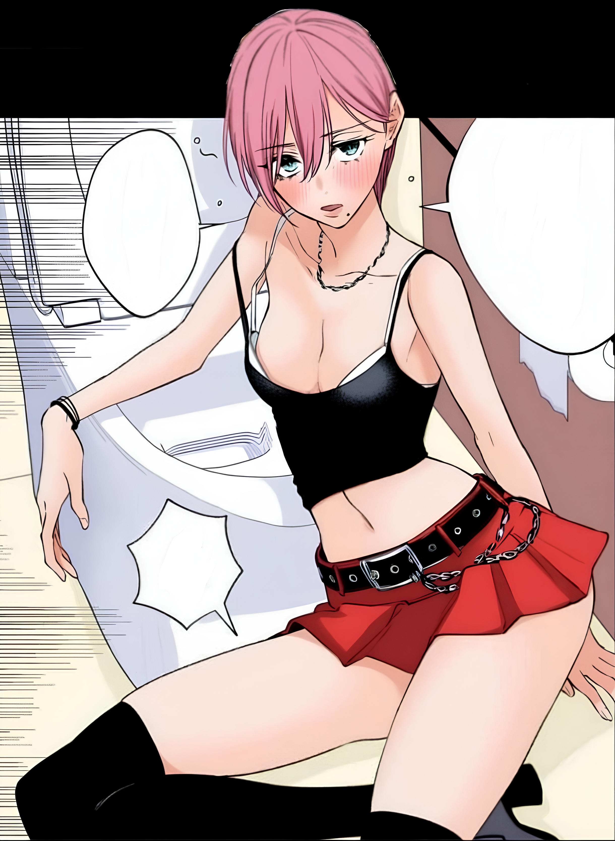 1girls, 2.5 jigen no ririsa, 2d, 2d (artwork), 2d artwork, ass visible through thighs, athletic, athletic female, bare arms, bare shoulders, bathroom, bathroom floor, bathroom stall, bathroom wall, belly button, belt, belt buckle, black shirt, blue eyes, blush, blush lines, blushing, blushing at viewer, blushing female, bra, bra cups sticking out, bracelet, breasts, cleavage, clothed, clothed female, clothes, clothing, collarbone, deep cleavage, empty speech bubble, exposed midriff, exposed thighs, eyebrows visible through hair, eyelashes visible through hair, female, female focus, female human, female only, fit, fit female, fully clothed, fully clothed female, green eyes, hashimoto yuu, high heel boots, indoors, leaning, leaning on object, light skin, light-skinned female, long eyelashes, looking at another, looking up, manga, mascara, midriff, midriff baring shirt, midriff showing, miniskirt, mole, mole under mouth, navel, navel cutout, navel line, official art, on floor, open mouth, pale skin, pale-skinned female, pink hair, red skirt, short hair, sitting, sitting down, sitting on floor, skirt, slender, slender body, slender legs, slender thighs, slender waist, slim, slim female, slim figure, slim waist, small breasts, sole female, solo, solo female, solo focus, speaking, strap slip, talking to another, thick eyelashes, thigh boots, thigh bulge, thigh highs, thigh socks, thighhighs, thighs, thin, thin arms, thin eyebrows, thin female, thin waist, toilet, toilet paper, yamanobe yuki, zettai ryouiki