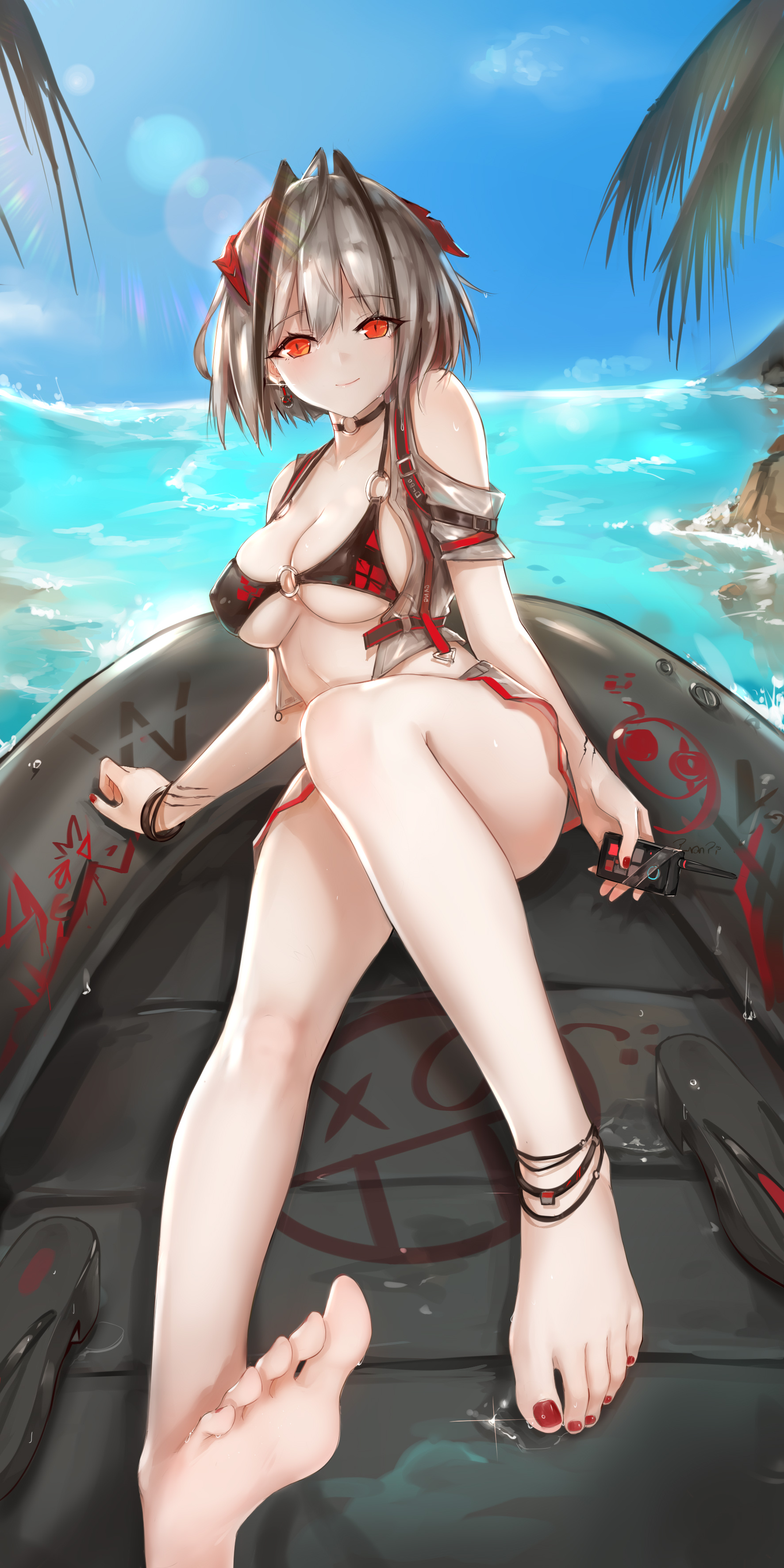 1girls, anklet, arknights, bare arms, bare legs, bare shoulders, barefoot, beach, bikini, boat, breasts, choker, close-up, feet, female, female only, legs, looking at viewer, nail polish, outdoors, pov feet, red eyes, red nails, sandals, seductive, short hair, silver hair, smile, soles, solo, swimsuit, tagme, toenail polish, toenails, toes, w (arknights)