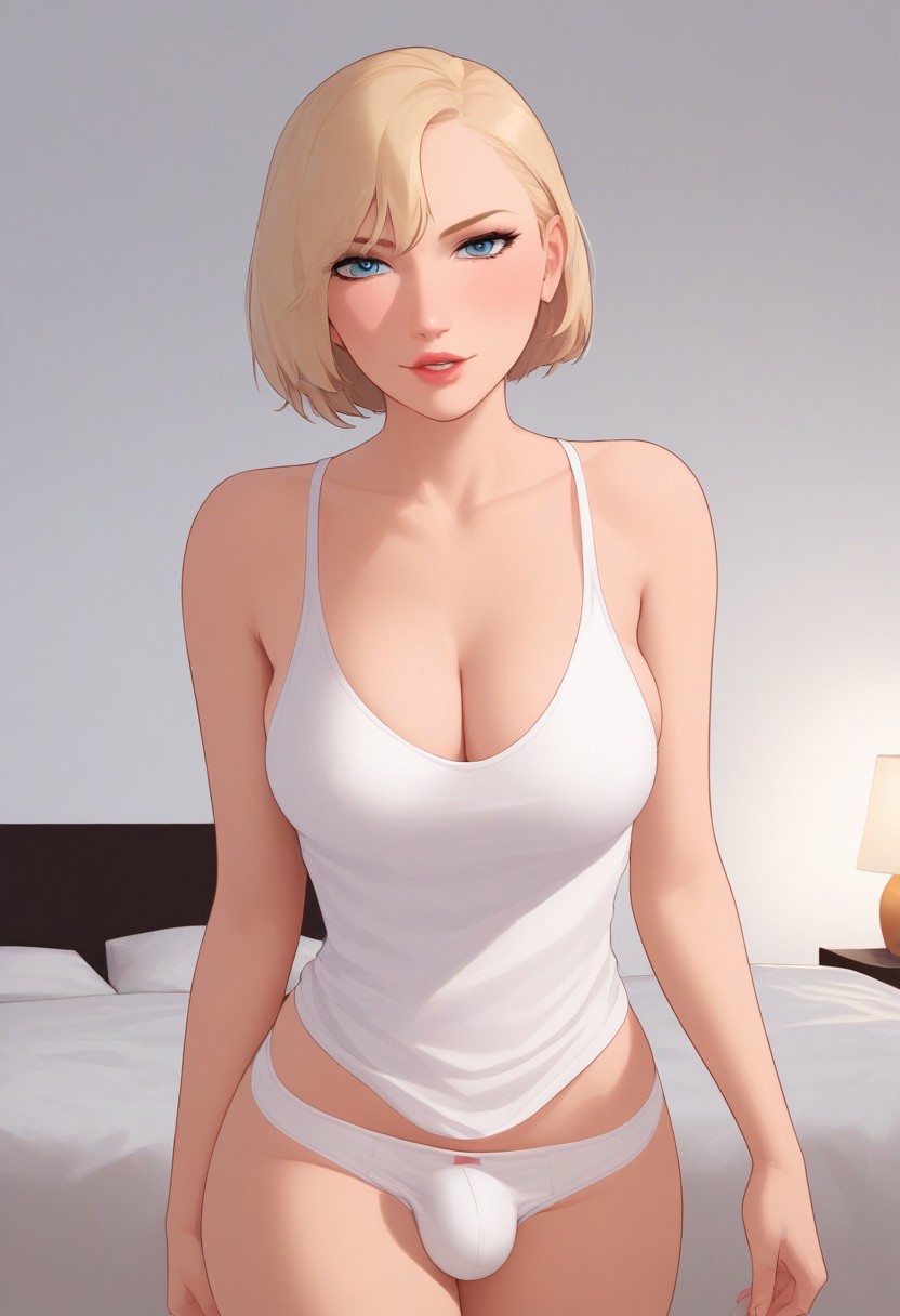 1futa 2d ai_generated aka6_(style) bed bed_sheet bedroom blonde_hair blondshell blue_eyes bulge bulge_in_panties bulge_through_clothing civitai cleavage futanari hourglass_figure lamp light-skinned_futanari light_skin looking_at_viewer original_character panties pillow seductive_look seductive_smile short_hair solo tank_top white_panties white_tank_top