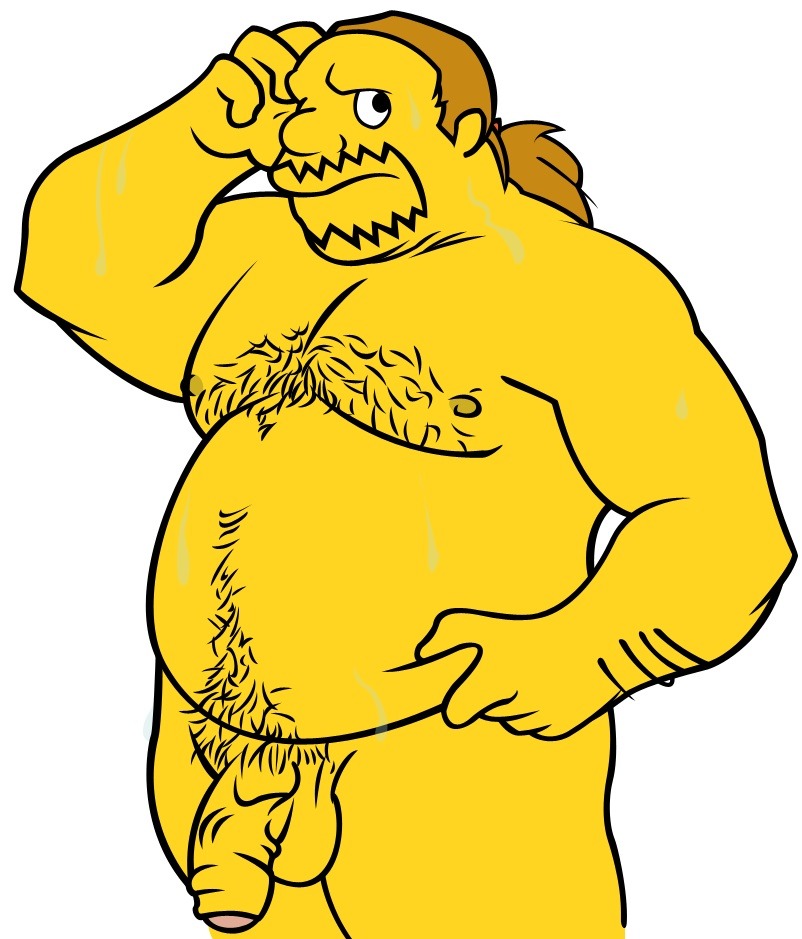 1male average_sized_penis balls brown_hair comic_book_guy erect_nipples facial_hair flaccid foreskin hairy_chest human jeff_albertson looking_to_the_side male male_only nude partially_retracted_foreskin penis pinching scratching_head solo the_simpsons tied_hair uncut veiny_penis white_background wkdart