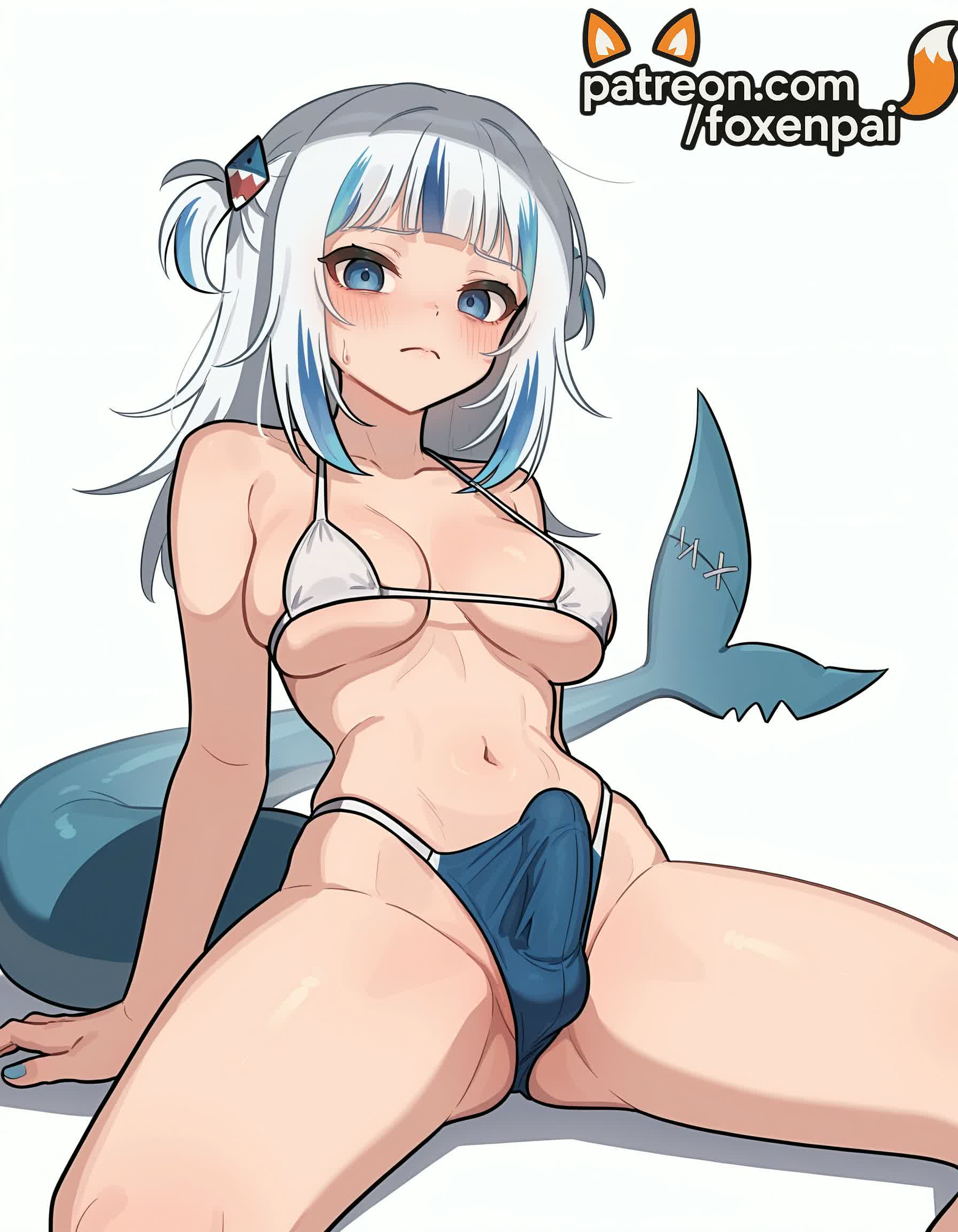 1girls 2025 ai_generated artist_name bangs bikini blue_eyes blue_hair blunt_bangs blush breasts bulge bust chest erection female fish_tail foxenpai futanari gawr_gura hi_res high_quality high_resolution highres hololive intersex micro_bikini multicolored_hair navel patreon patreon_username shark_tail solo stable_diffusion streaked_hair swimsuit tail virtual_youtuber watermark white_bikini