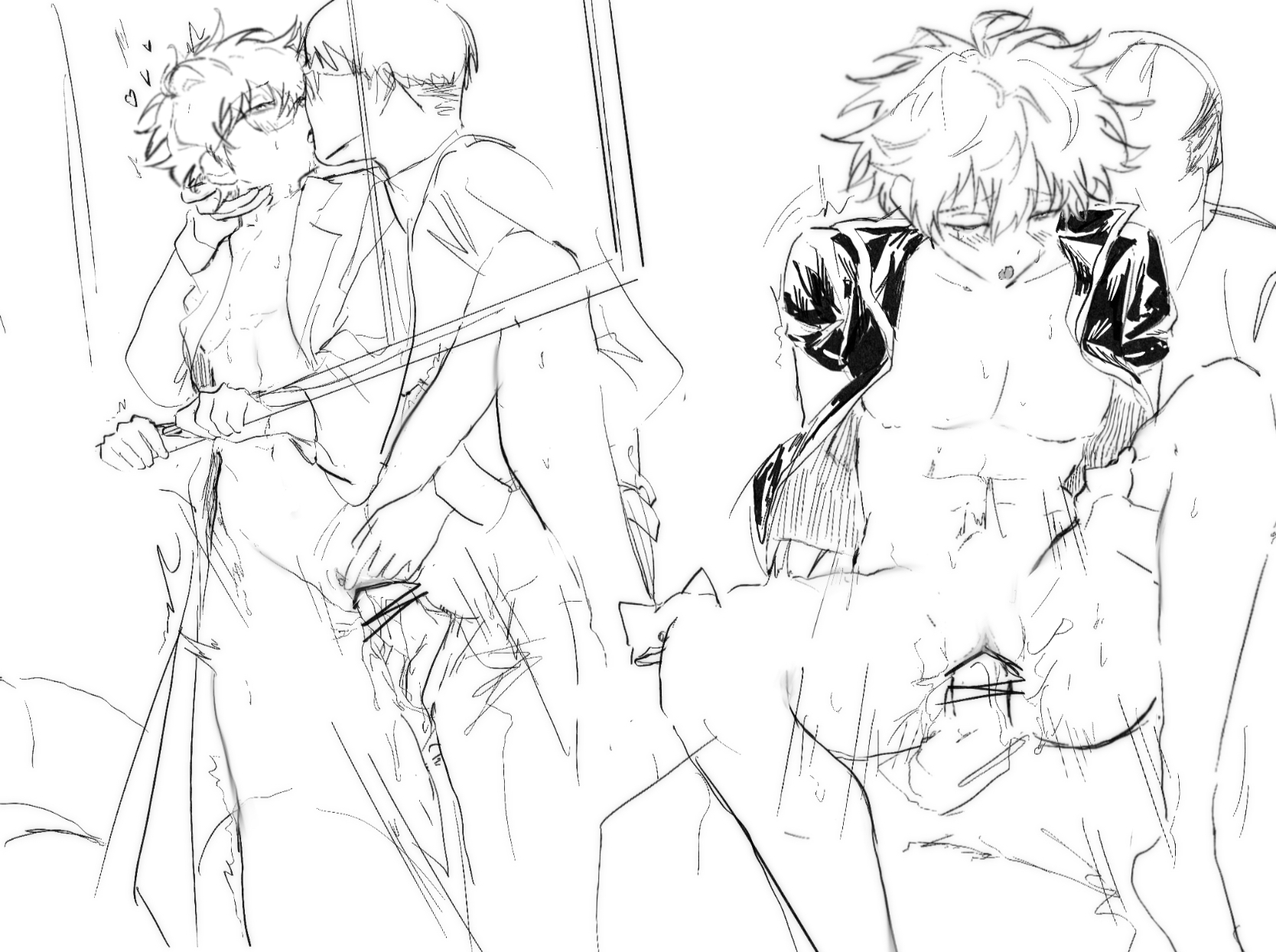 0a bohr, 1boy, 1cuntboy, bottomless, censored, class 3-z, clitoral stimulation, clitoris, cuntboy, cuntboy focus, cuntboy/male, cuntboysub, faceless male, genderswap, genderswap (mti), gintama, gintoki sakata, glasses, hairless pussy, intersex, kissing, labcoat, leg lift, leg up, male, male on cuntboy, maledom, monochrome, motion lines, mti crossgender, official alternate costume, open shirt, pussy, rough sketch, rule 63, sketch, sketch page, solo focus, spread legs, teacher, uncensored, vaginal penetration