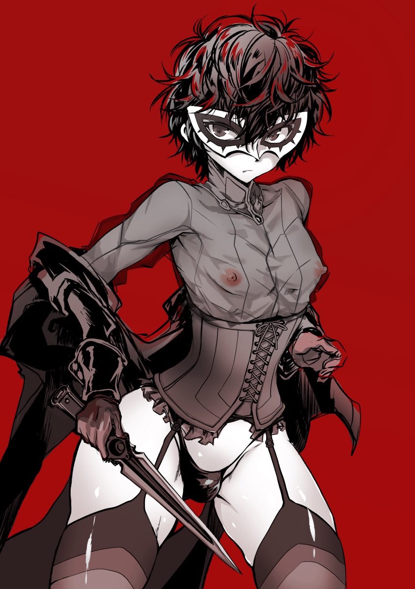 1boy akira_kurusu atlus bulge clothing coat corset crossdressing dagger female femboy girly human joker_(persona) male_only megami_tensei panties persona persona_5 phantom_thief_suit prprlo ren_amamiya see-through tagme thighhighs trap weapon