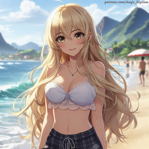 1girl 1girls aegis_elysium ai_art ai_generated beach big_breasts blonde_hair blue_eyes blush blushing blushing_at_viewer bra breasts casual casual_clothes cleavage day dress earrings female female_focus gem gloves hair_ornament headpiece highres indoors jewelry light long_hair looking_at_viewer mountain mountains navel ocean original_character patreon_username people_in_background sand sea seaside skindentation sky smile solo solo_focus starry_sky stars thick thick_breasts tiara umbrella vegetation very_long_hair water waves