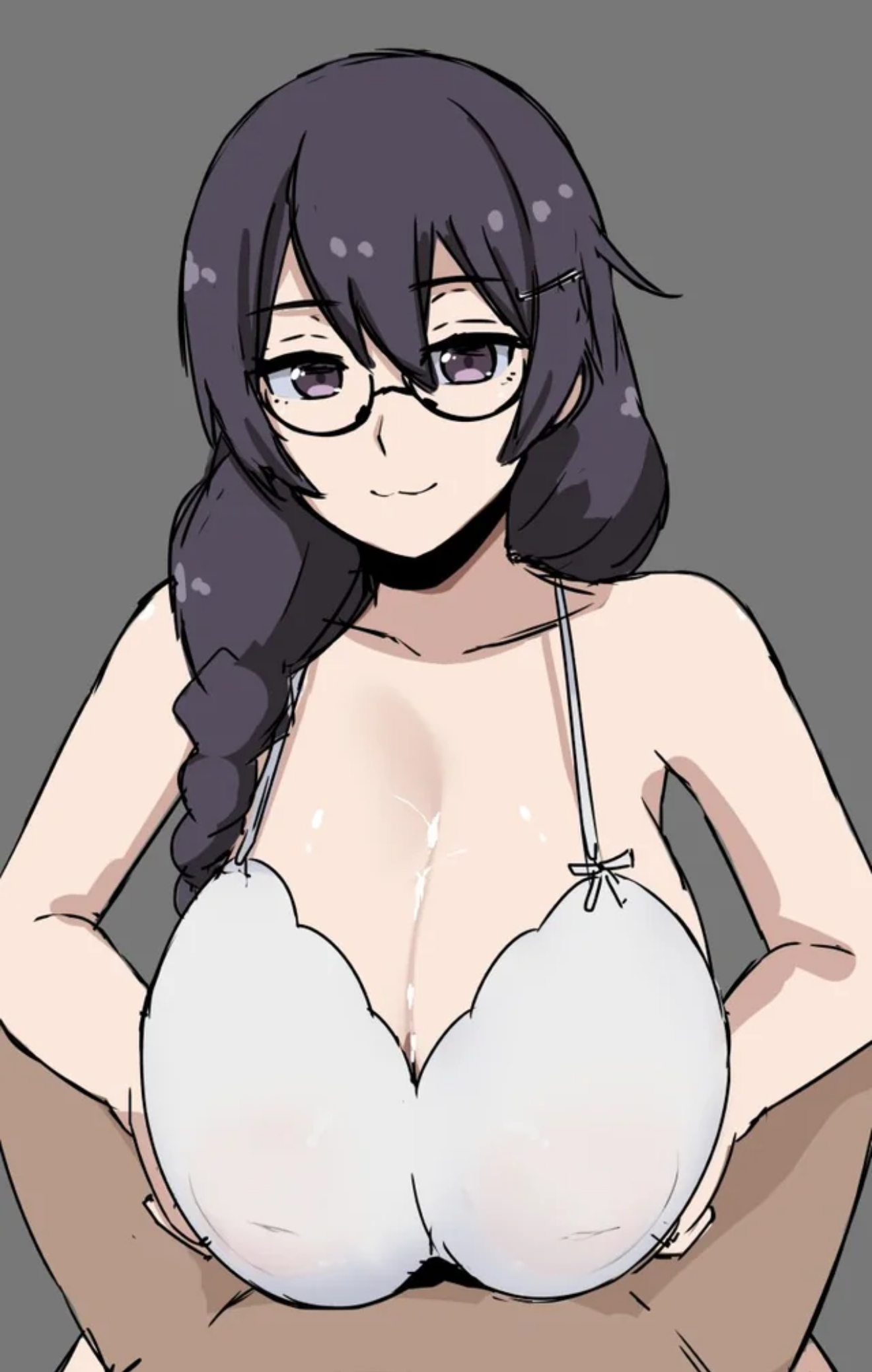 :3, 1boy, 1girls, after ejaculation, bakemonogatari, big breasts, black hair, blush, braid, braided hair, braided ponytail, breasts, cat smile, covered paizuri, cum, cum in cleavage, cum on breasts, dark purple hair, engulfing paizuri, enormous breasts, exposed underwear, female, female focus, glasses, hanekawa tsubasa, happy female, happy paizuri, huge breasts, large breasts, looking at viewer, male, monogatari (series), naked, naked female, naked male, nao (ritsancrossover), paizuri, paizuri under clothes, pov, purple eyes, rough sketch, smile, smiling, smiling at viewer, tagme, visible nipples, white bra, white panties, white skin