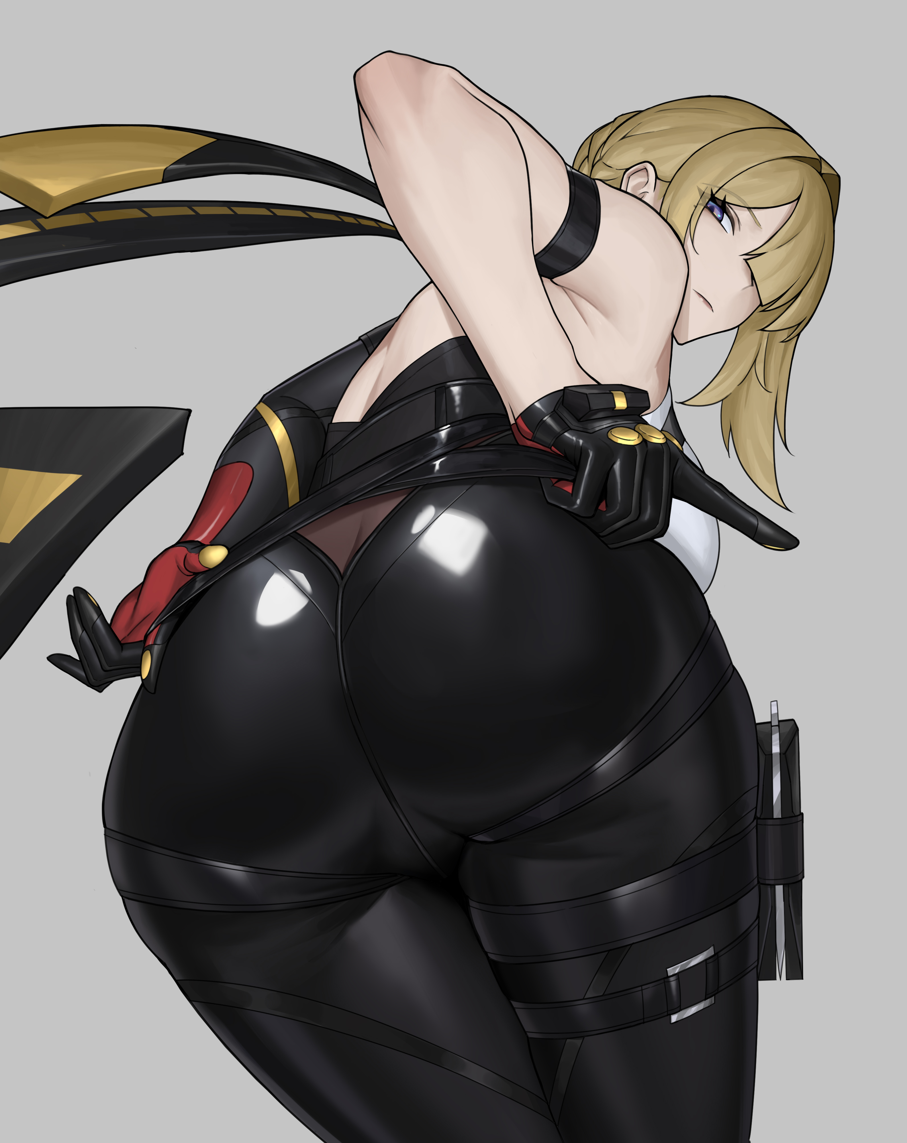 1girl, absurdres, arm strap, armpit crease, ass, ass focus, asymmetrical gloves, black gloves, blonde hair, butt crack, closed mouth, elbow gloves, evelyn chevalier, from below, gloves, grey background, highres, looking at viewer, purple eyes, shirt, solo, turning head, white shirt, zenless zone zero