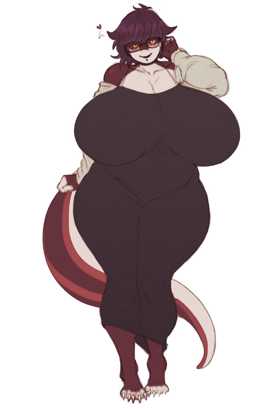 1girls, 2d, anthro, big thighs, black dress, blush, breasts, breasts bigger than head, chubby, chubby female, copyright request, dress, female, female only, furry, glasses, gretchen (kazeattor), huge breasts, kenjosart, long dress, looking at viewer, original character, purple hair, short hair, smile, snake, snake girl, snake tail, tagme, thighs, two-tone body, yellow eyes