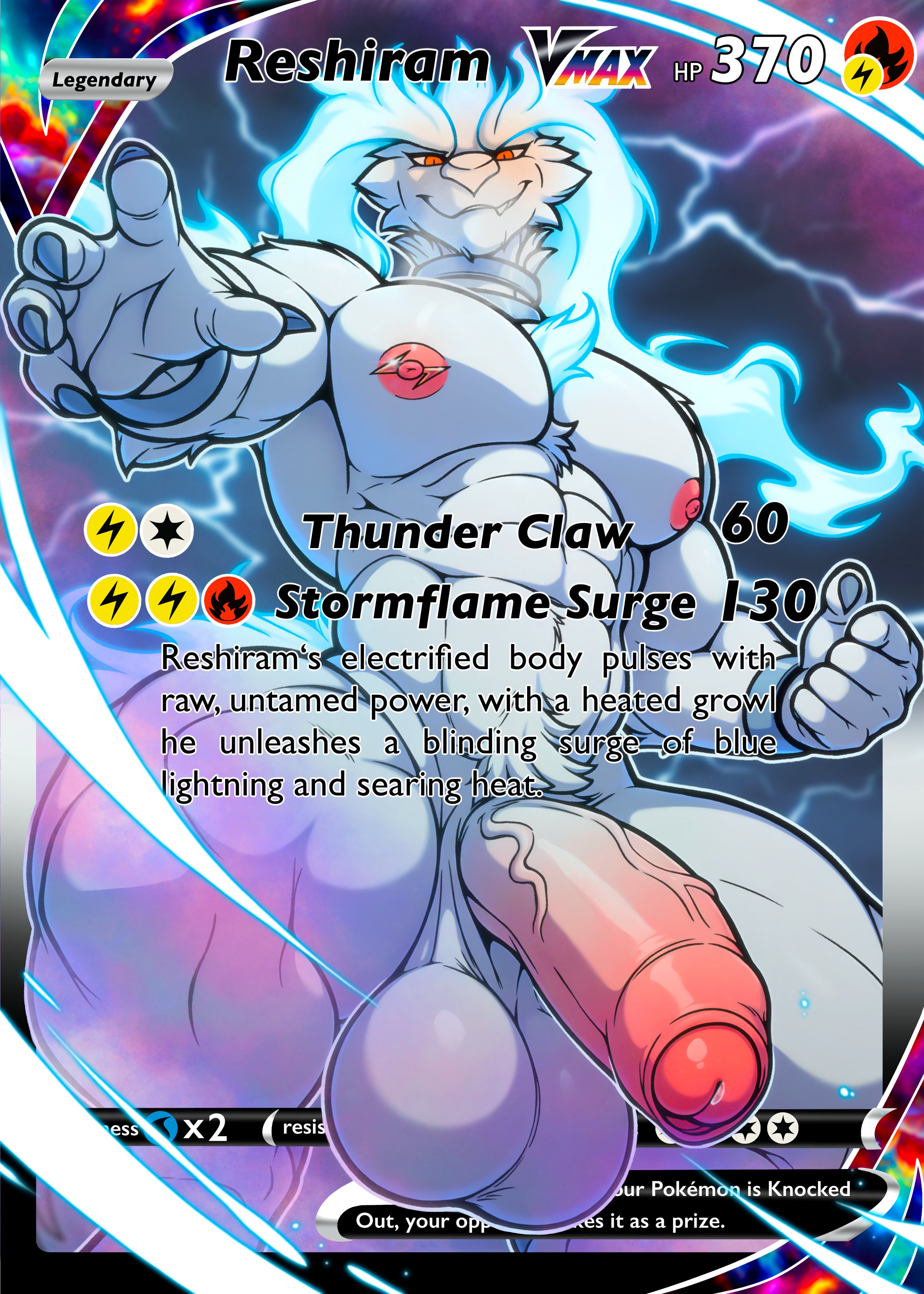 1boy, abs, areola, areolae, balls, bara, big balls, big penis, card, claws, furry, generation 5 pokemon, huge balls, huge cock, kovar, looking at viewer, male, male only, muscular, muscular male, nipple piercing, nipples, orange eyes, pecs, pectorals, penis, piercing, pokemon, pokemon (species), pokemon card, reshiram, solo, tuft, veiny penis, yaoi