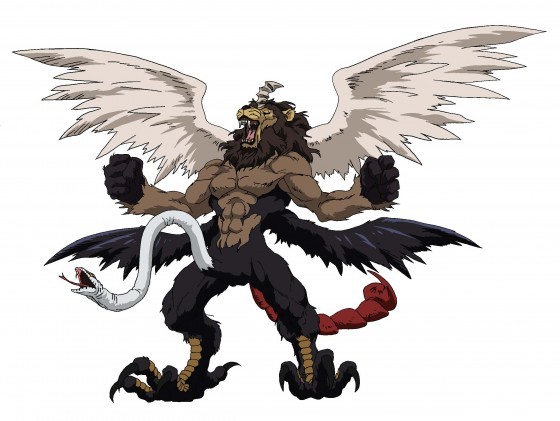 abs angel_wings anthro chimera demon furry hybrid lion male_only manticore middle_eastern_mythology mythology persian_mythology scorpion_tail screencap screenshot simple_background snake_penis solo_male sting tail talons white_background wings