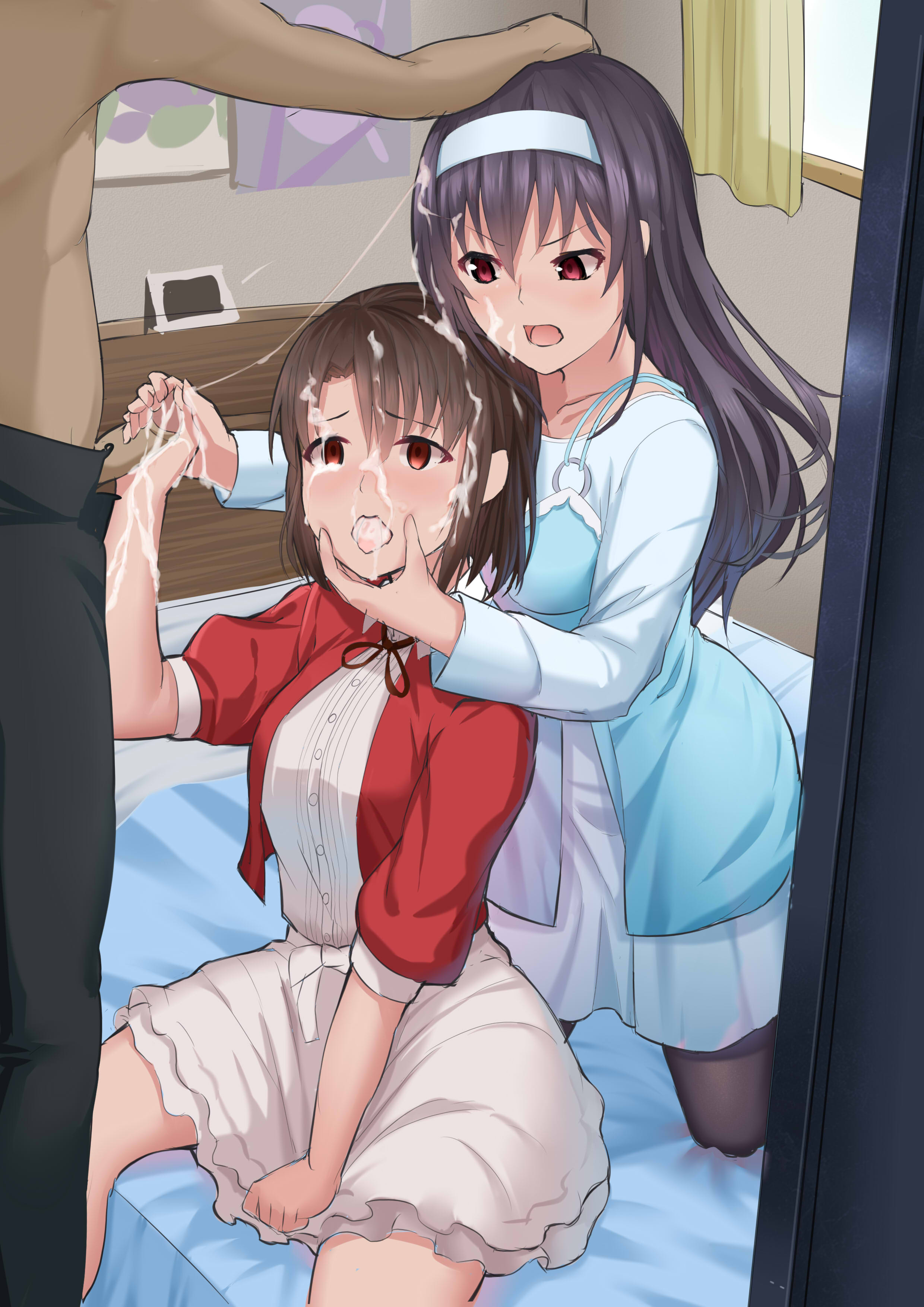1boy, 2girls, bed, black hair, blouse, blush, brown eyes, brown hair, cum, cum in mouth, cum on face, facial, female, hair between eyes, hair ornament, hand on another's cheek, high resolution, jacket, kasumigaoka utaha, katou megumi, long hair, male, masturbation, multiple females, multiple girls, on bed, open mouth, red eyes, red jacket, ribbon, saenai heroine no sodatekata, short hair, stockings, sucking, tongue, very high resolution