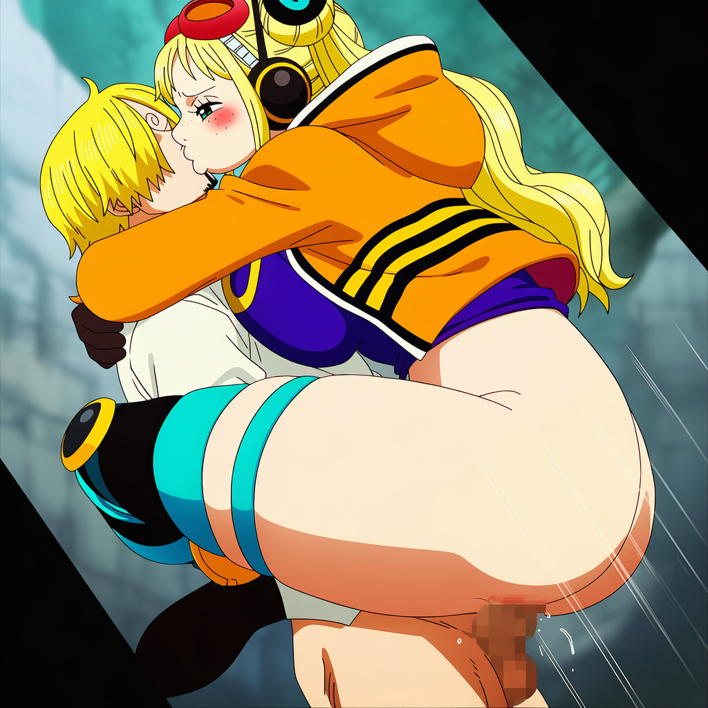 1boy, 1girls, accurate art style, ai generated, android girl, bare thighs, big ass, big butt, big penis, blonde hair, blonde-haired female, blonde-haired male, breasts, carrying position, cyan eyes, fat ass, female, gigantic ass, gigantic breasts, hair over one eye, hairbow, huge breasts, huge cock, huge thighs, kissing, light skin, light-skinned female, light-skinned male, long hair, male, massive ass, massive breasts, muscular, muscular male, one piece, one piece: egghead arc, penis, pussy, sex, squatting, sweat, sweatdrop, tbaanime, thick body, thick female, thick thighs, thighs, vaginal penetration, vegapunk york, vinsmoke sanji, voluptuous, voluptuous female
